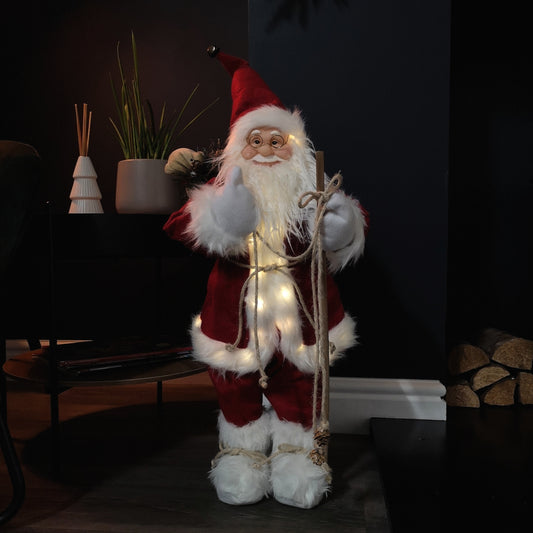 60cm Battery Operated Red Standing Light up Santa Claus with Brown Woven Sack 