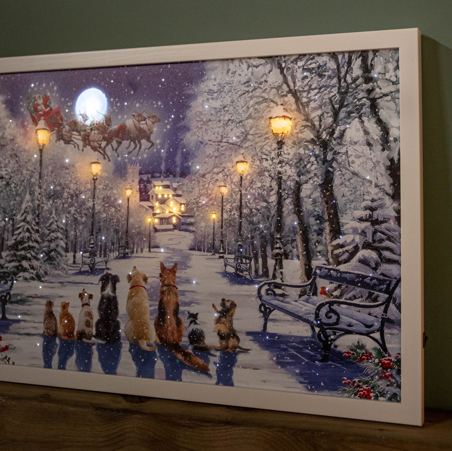 40 x 60cm Battery Operated Light up Christmas Canvas with Cats and Dogs Scene