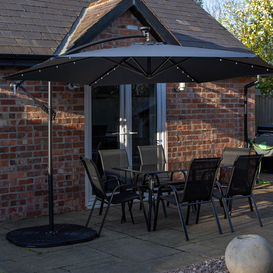 Outdoor 6 Person Rectangular Glass Top Garden Dining Table Chairs With Blue Banana Lit Parasol and Base