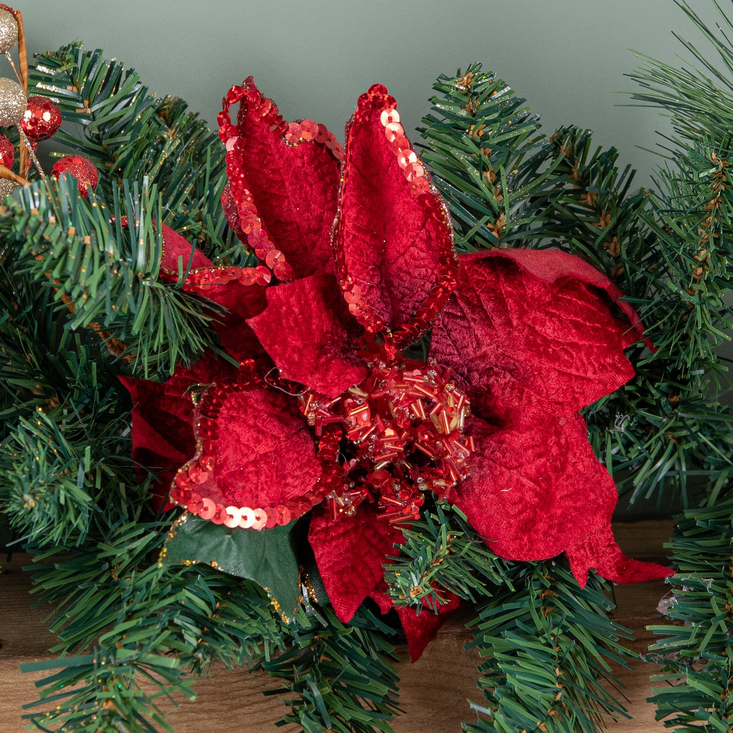 1.8m (6ft) Deluxe Christmas Garland with Red and Gold Poinsettias