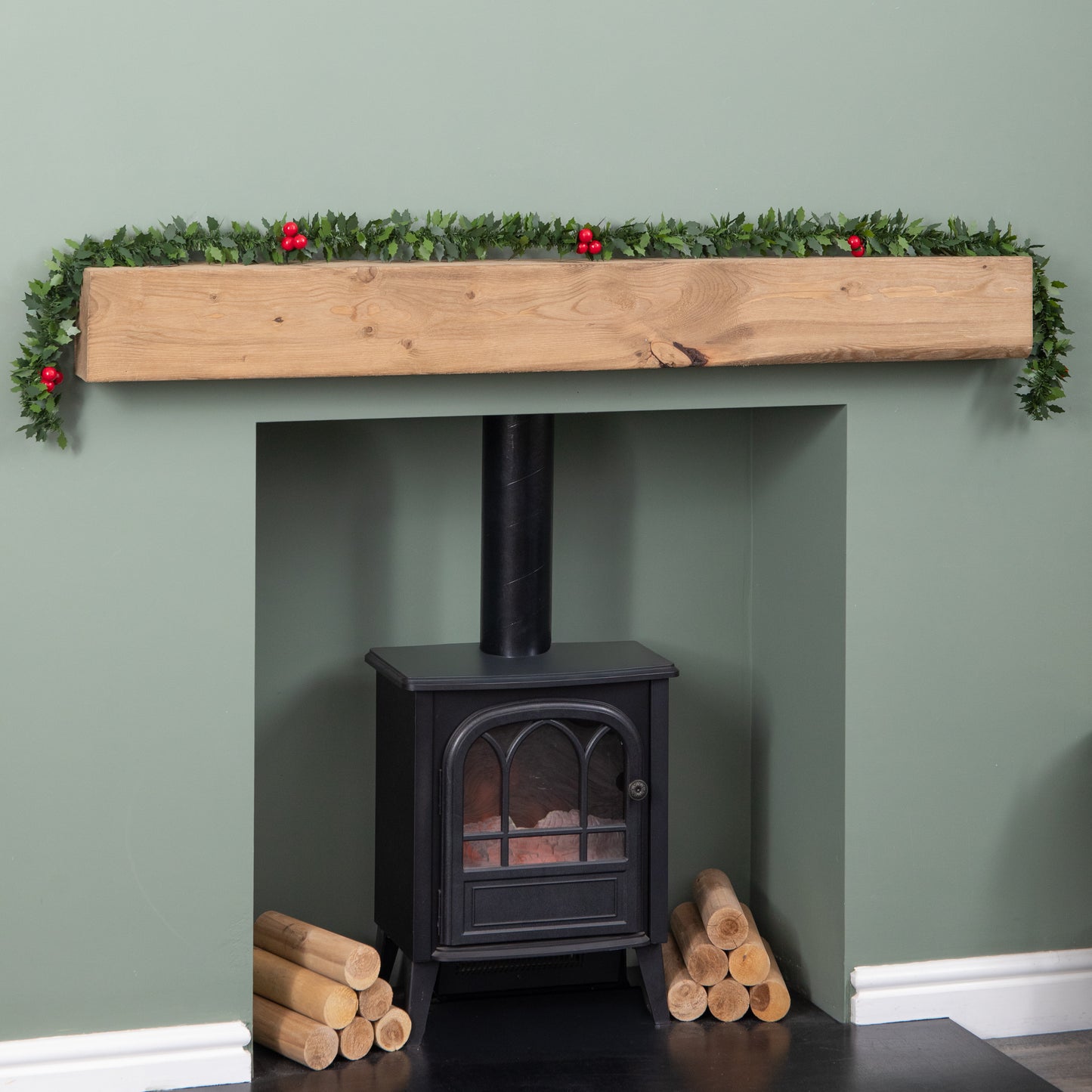 2m (6ft) Christmas Tinsel Garland with Holly and Red Berries