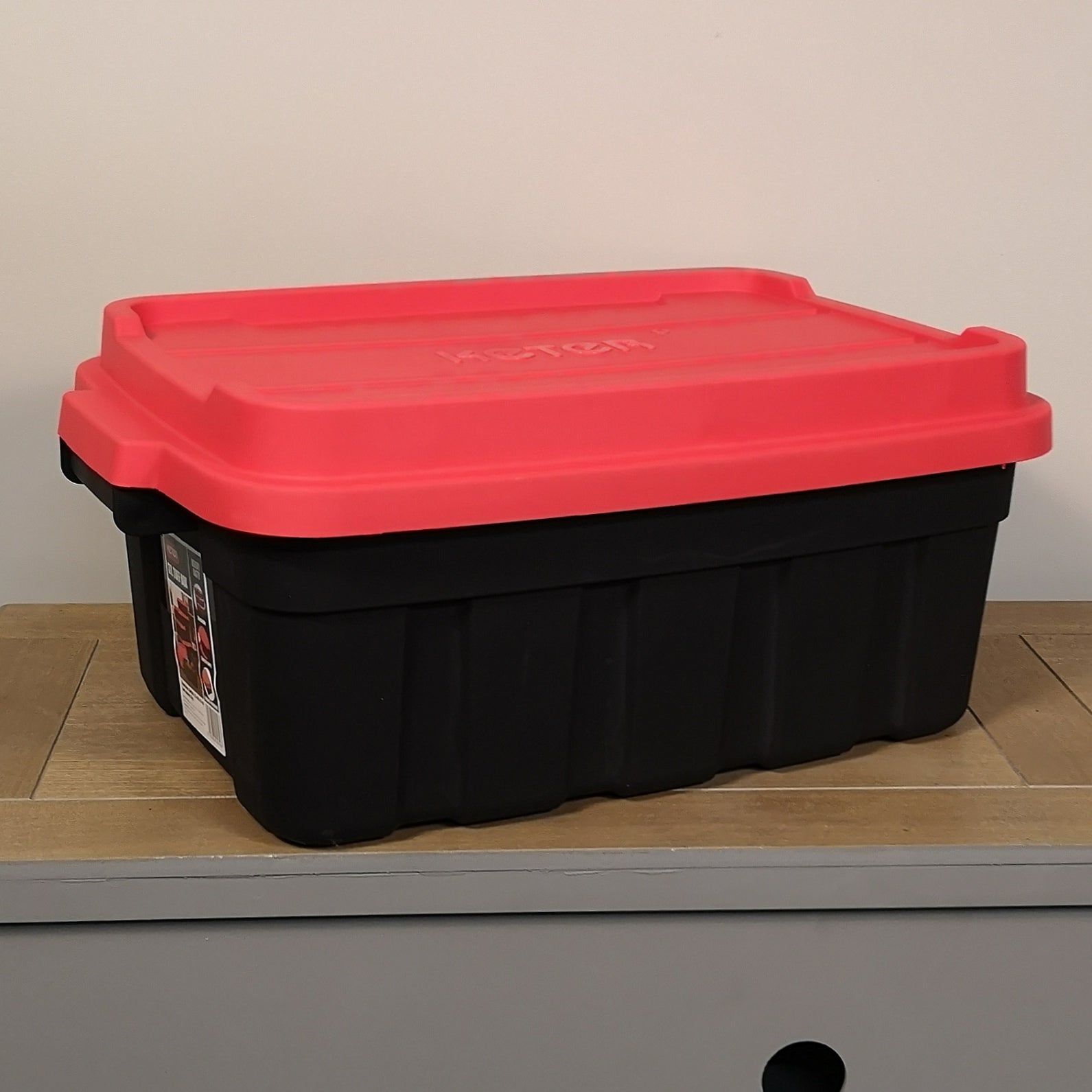 37L Black and Red Tuff Stackable Storage Box with Lid and Carry Handles