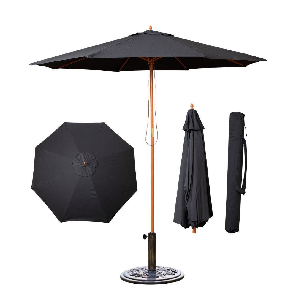 2.7m Outdoor Wooden Garden Parasol Sun Shade with Carry Bag in Black with 9kg Base Included