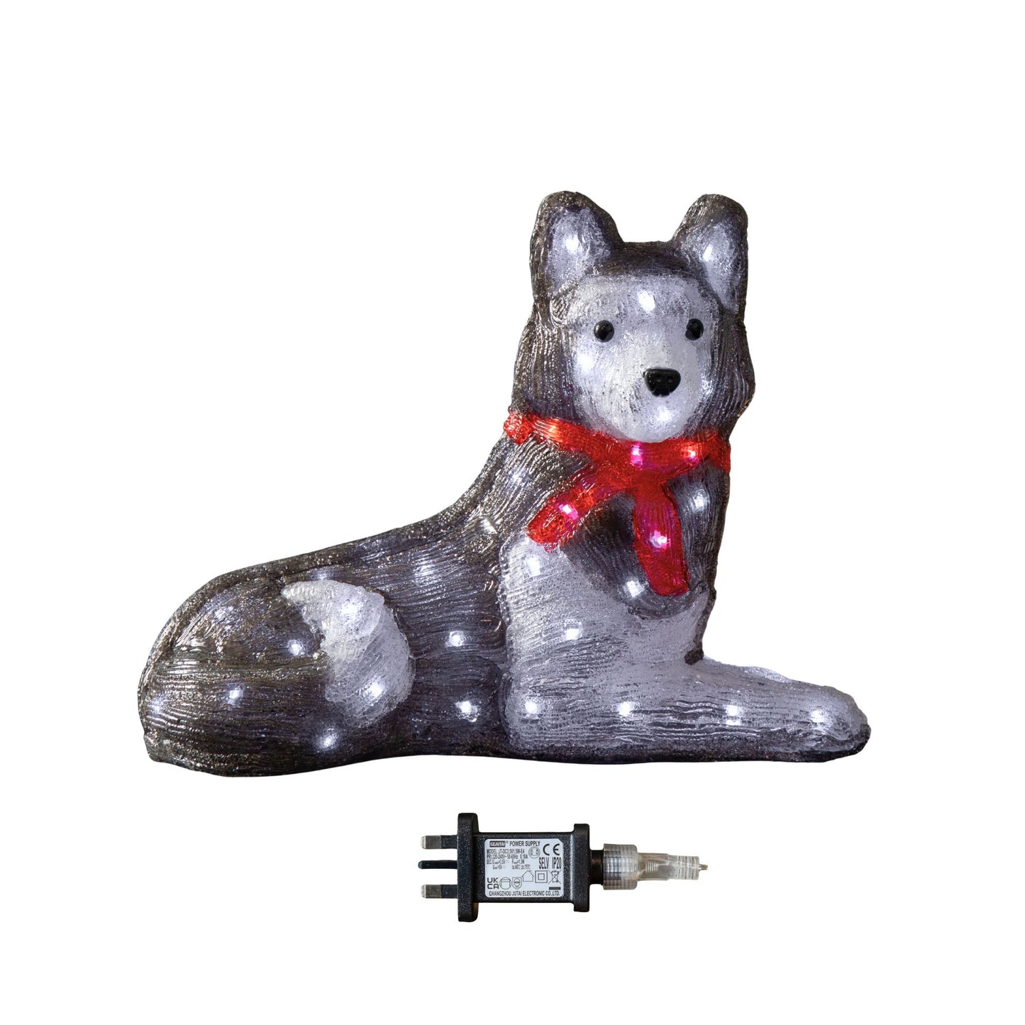 28cm Light up Acrylic Christmas Husky with Red Scarf Decoration and White LEDs