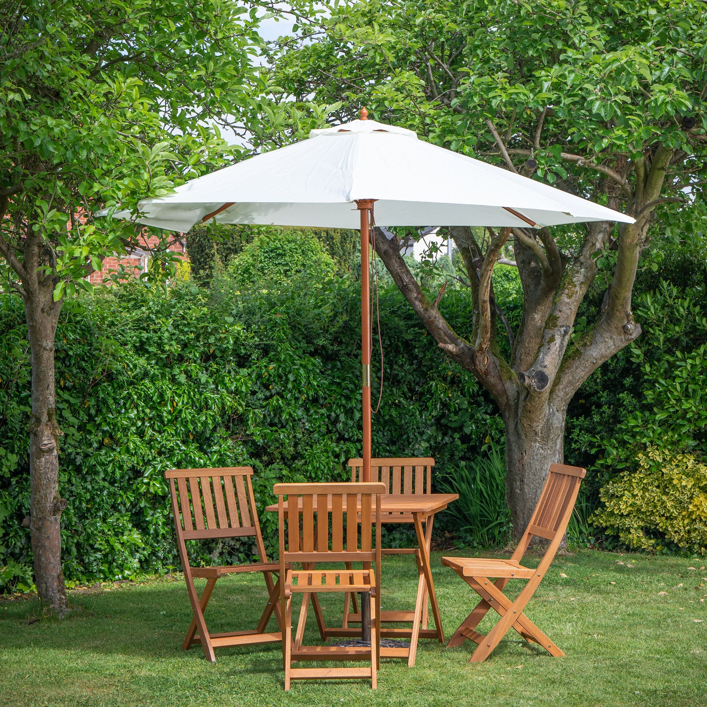 Outdoor 4 Person Folding Square Wooden Garden Dining Table Chairs Cream Parasol and Base Set
