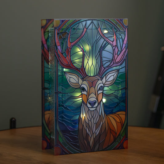 21cm Battery Operated Light up Stained Glass Christmas Decoration with Stag Scene & Warm White LEDs