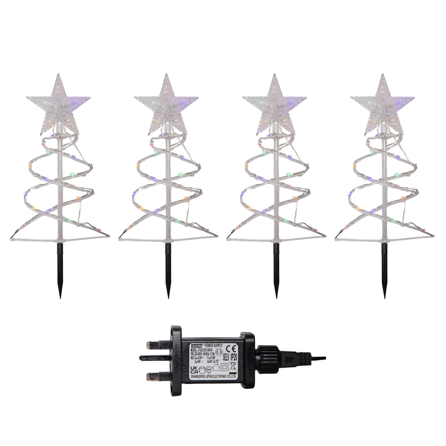 45cm Set of 4 Light up White Spiral Christmas Tree Garden Path Lights with 100 Multi-Coloured LEDs