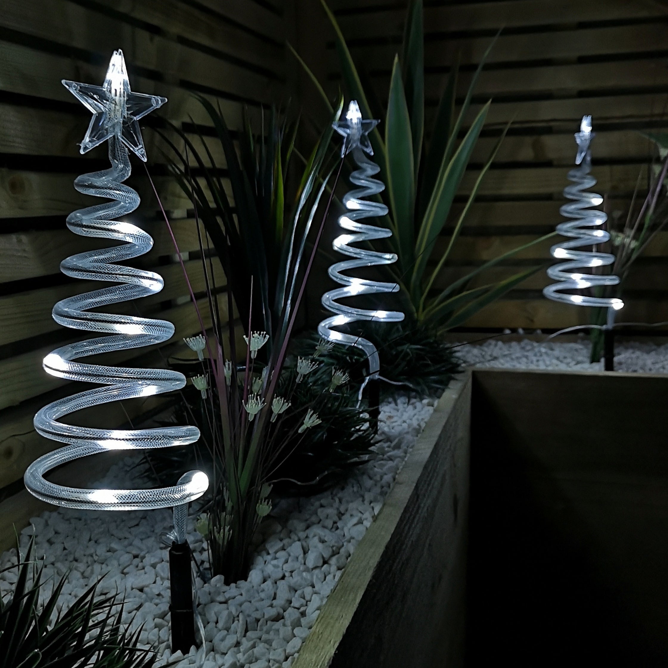Set of 4 Battery Operated LED Cool White Spiral Tree Path Lights Christmas Decoration with Timer