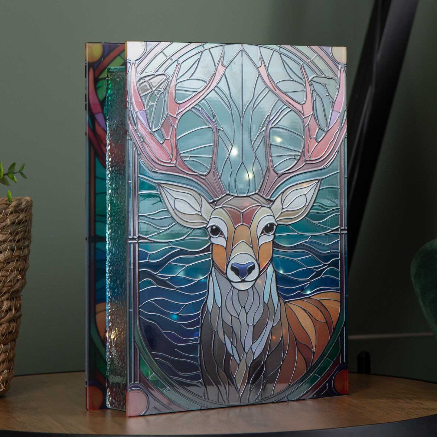 28cm Battery Powered Glass Christmas Decoration with Stag & Warm White LEDs