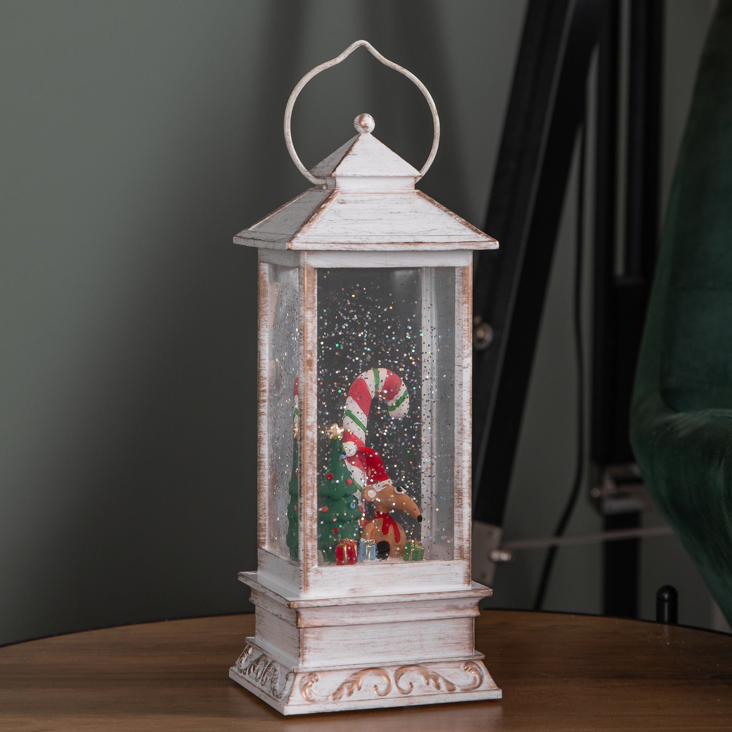 29cm Battery Powered Light up Antique Lantern Christmas Water Spinner with Snowy Mouse Scene