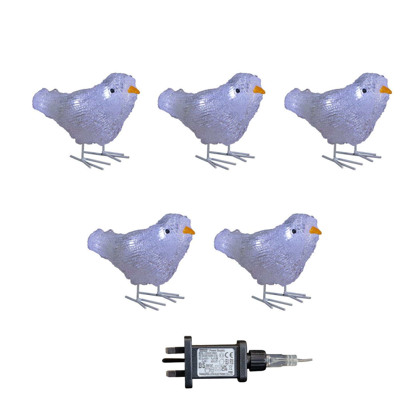Set of 5 16cm Light up Acrylic Christmas Birds with 30 White LEDs