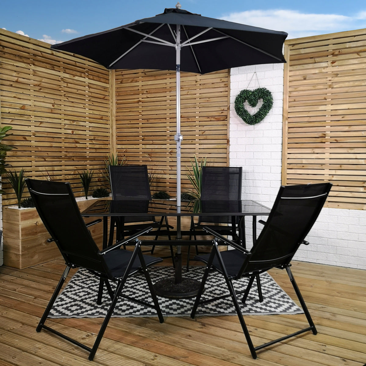 Outdoor 4 Person Rectangular Glass Top Garden Patio Dining Table Chairs With Black Parasol and Base Set