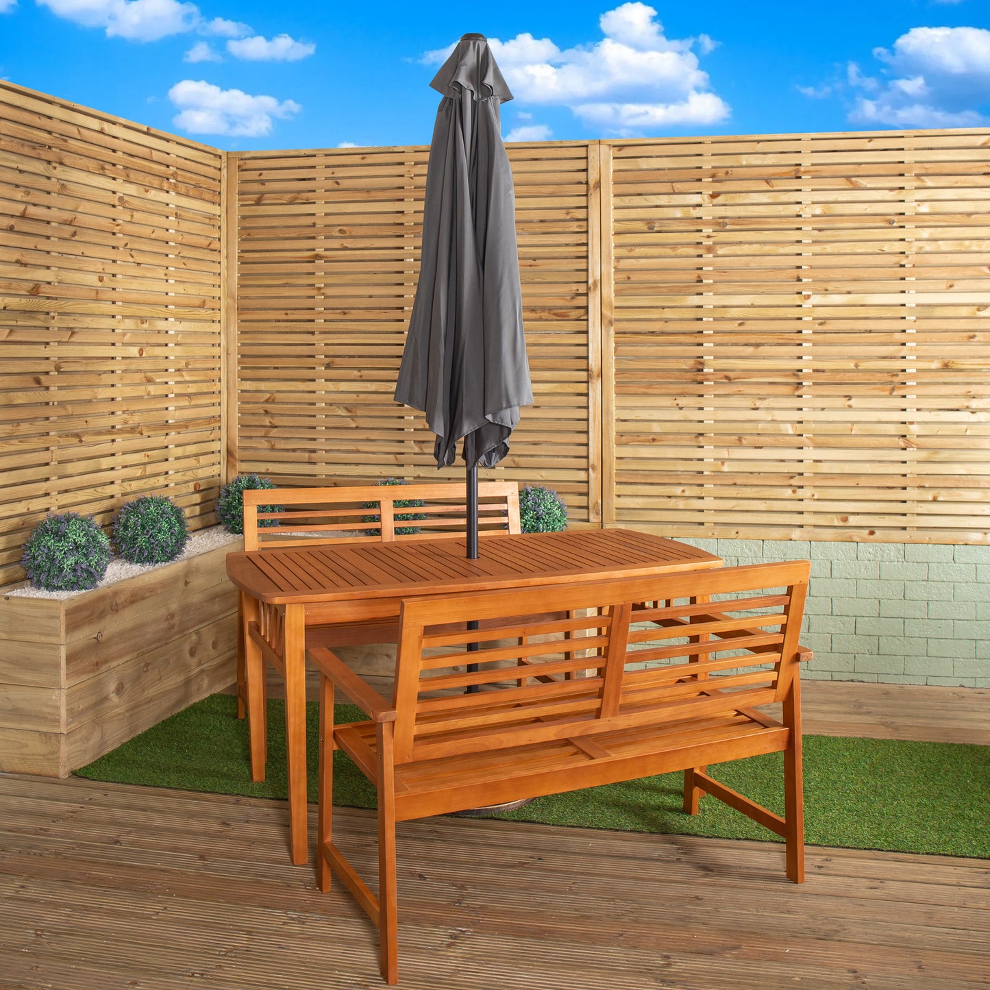 Outdoor 4 Person Rectangular Wooden Garden Table, 2 Benches with Grey Havana Parasol & Base