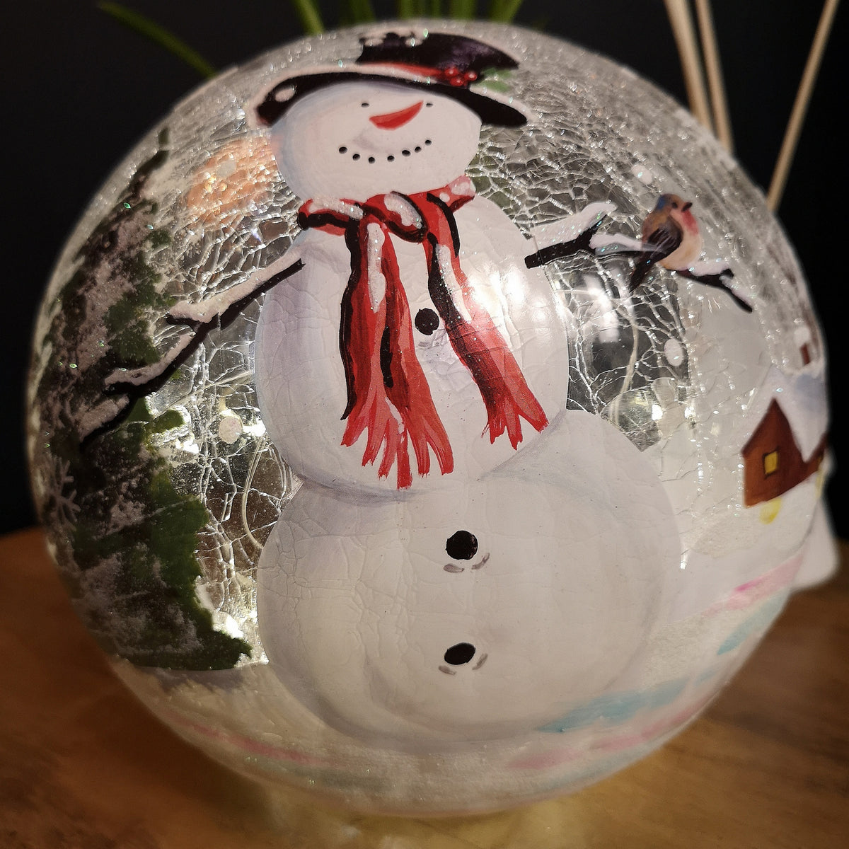 20cm Battery Operated Warm White LED Crackle Effect Ball Christmas Decoration with Snowman