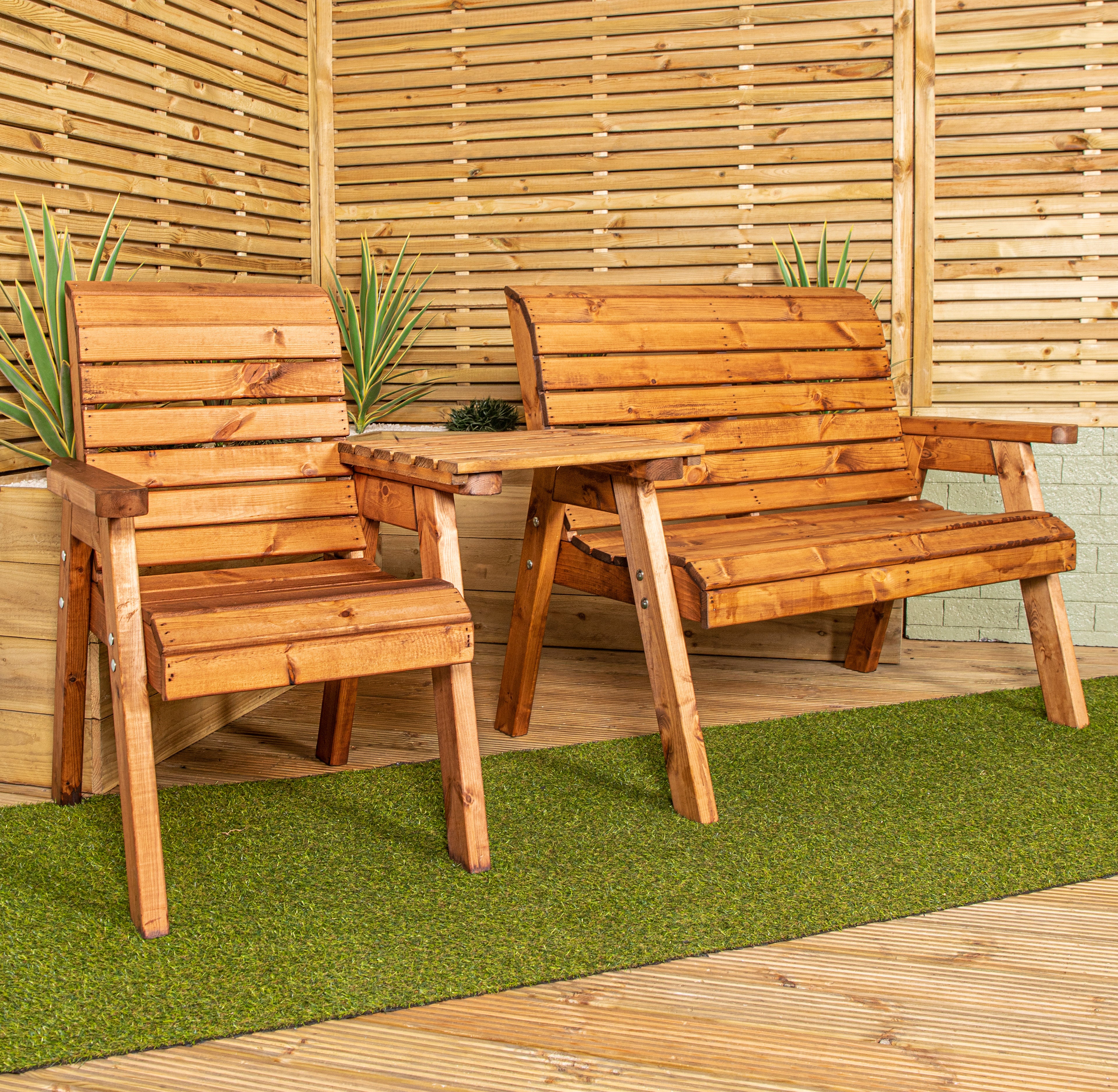 Hand Made 3 Seater Chunky Rustic Wooden Garden Furniture Companion Set with tray