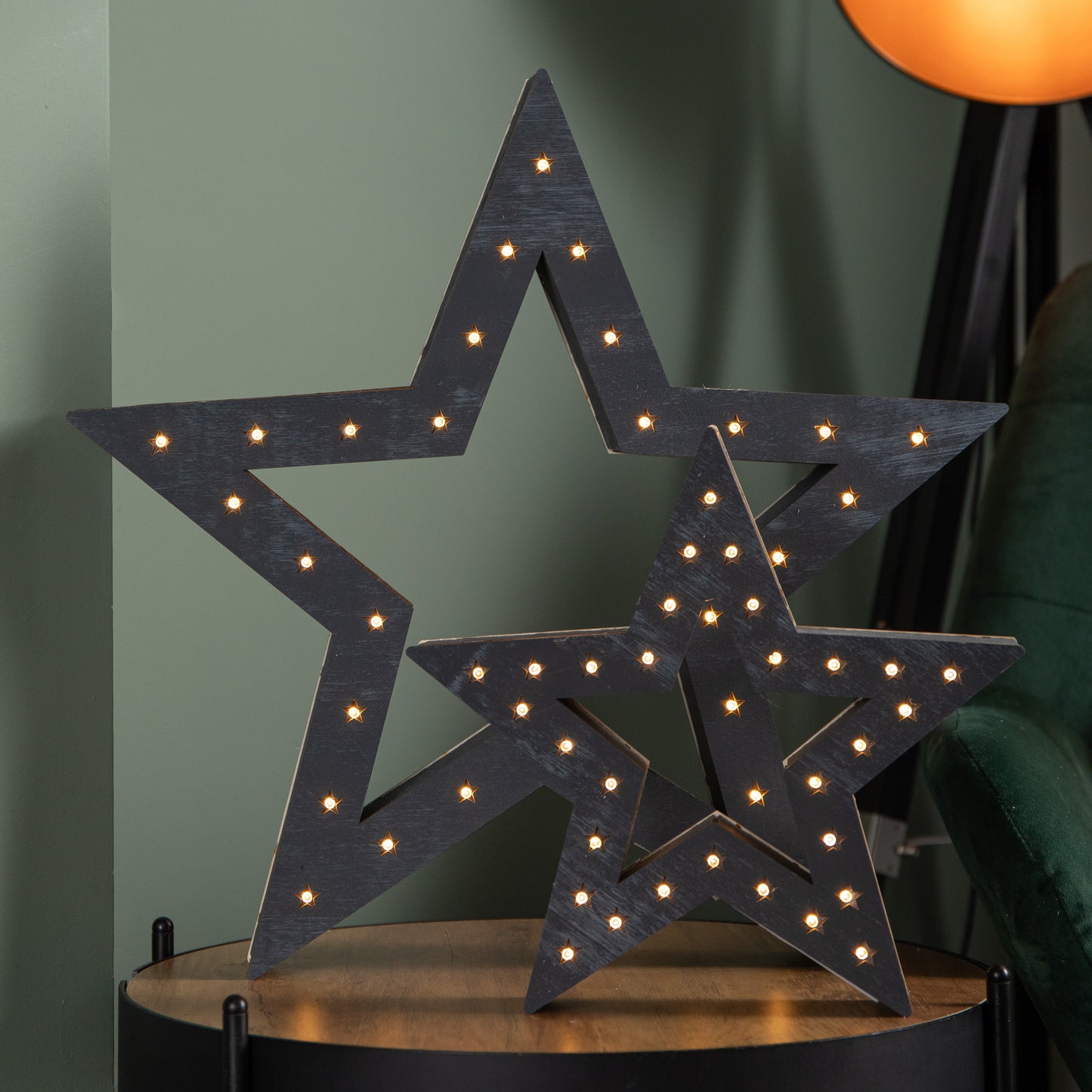 Set of 2 Battery Operated Light up Wooden Christmas Stars with 60 Warm White LEDs