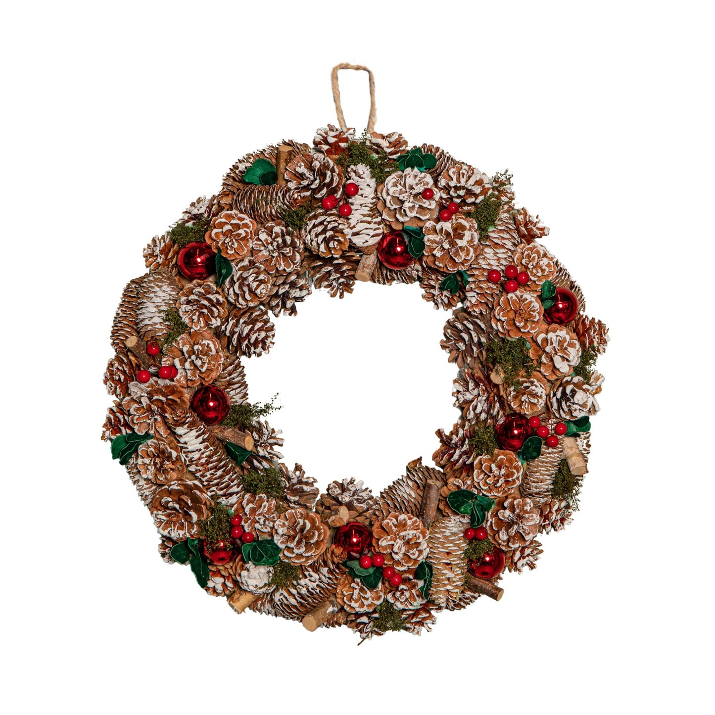 50cm Hanging Christmas YuleFest Wreath with Red Baubles & Snow Tipped Pine Cones