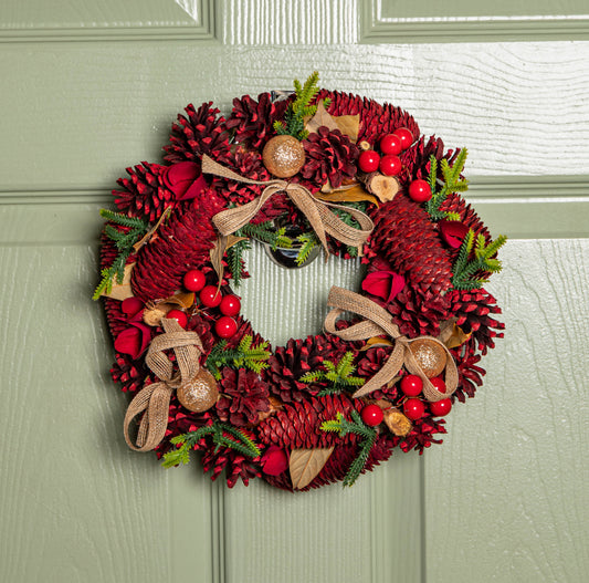 30cm Red Rose Hanging Christmas Wreath with Pinecones & Red Berries