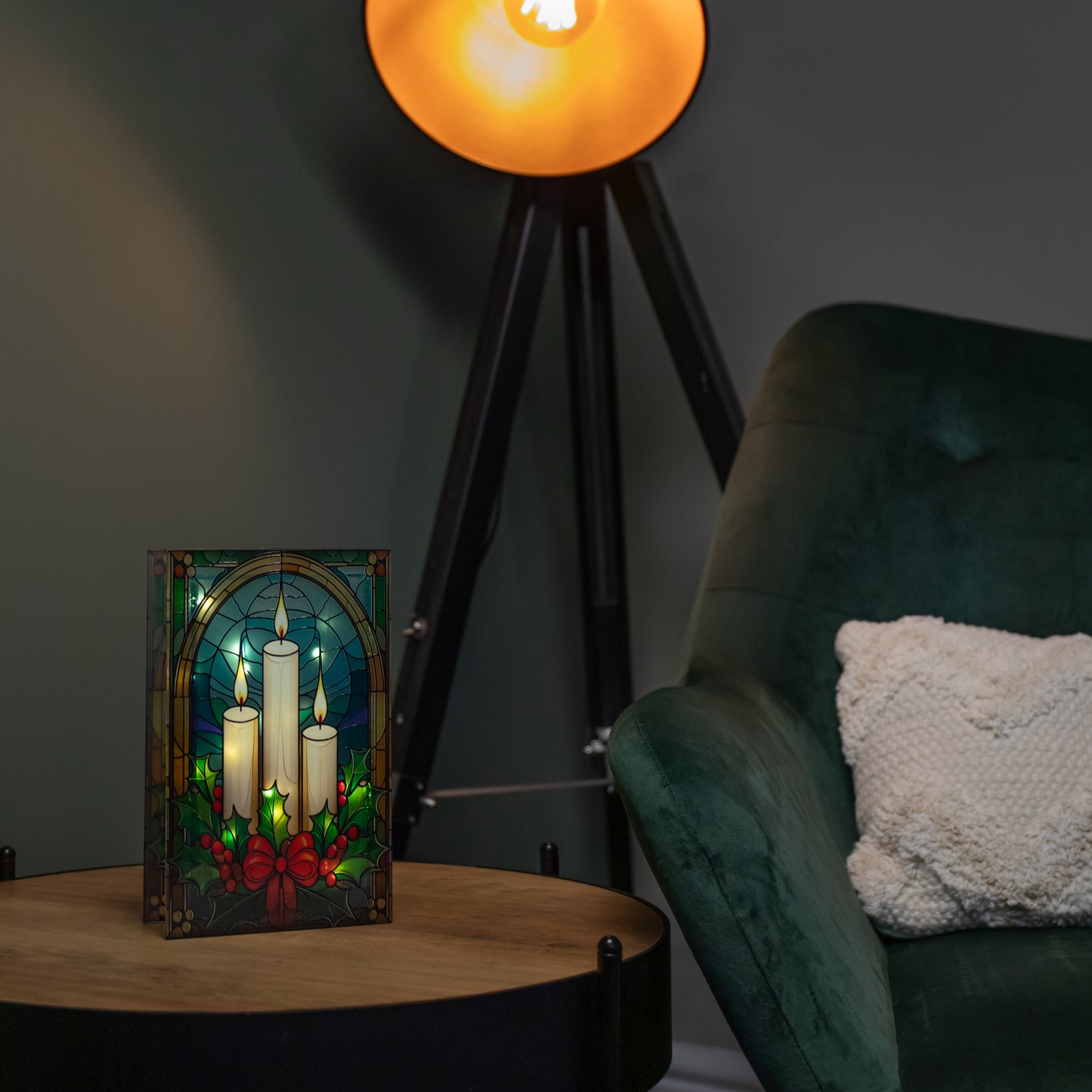 21cm Battery Operated Light up Stained Glass Christmas Decoration with Candles & Holly with Warm White LEDs