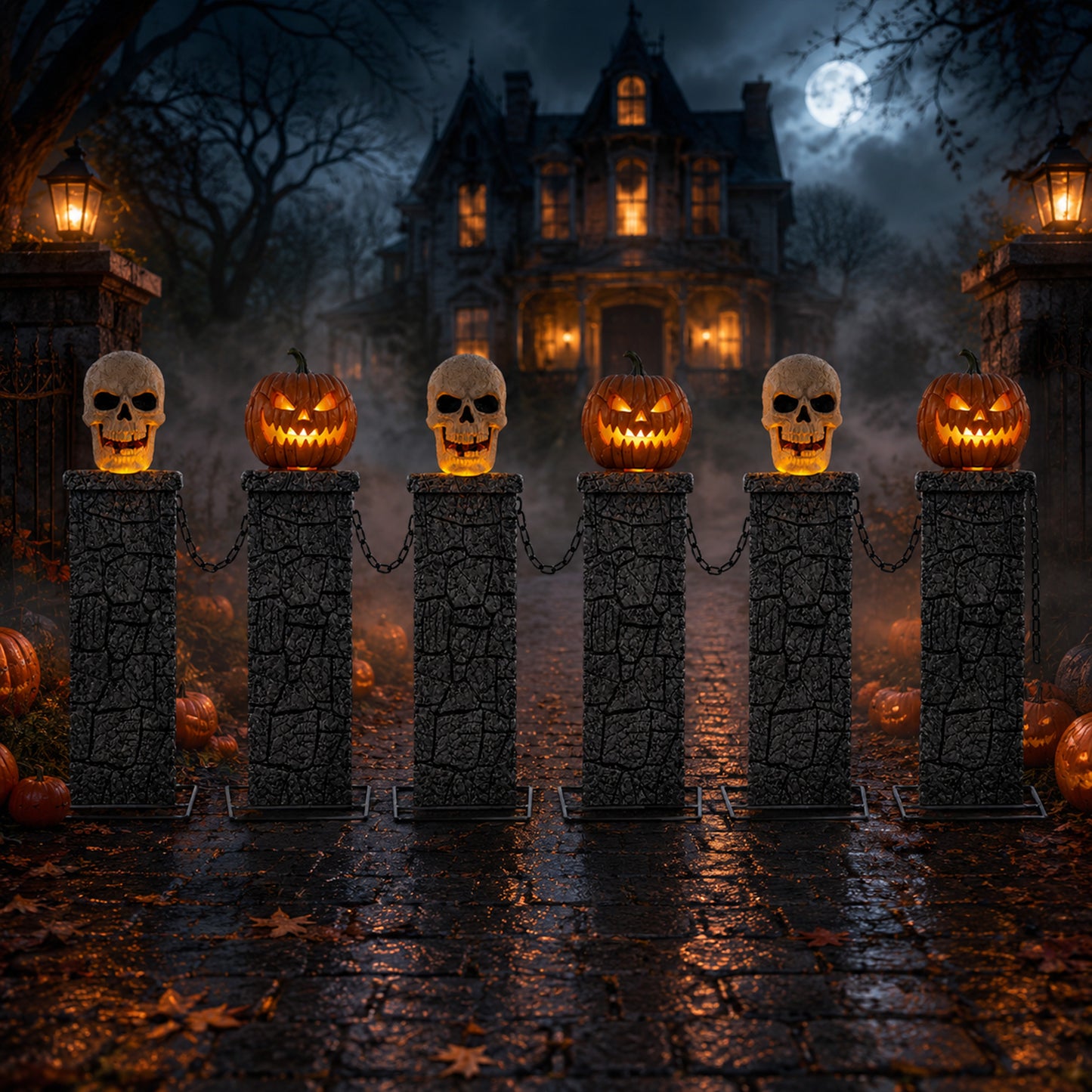 2.4m Battery Powered Light Up Halloween Skull & Pumpkin Fence with LEDs