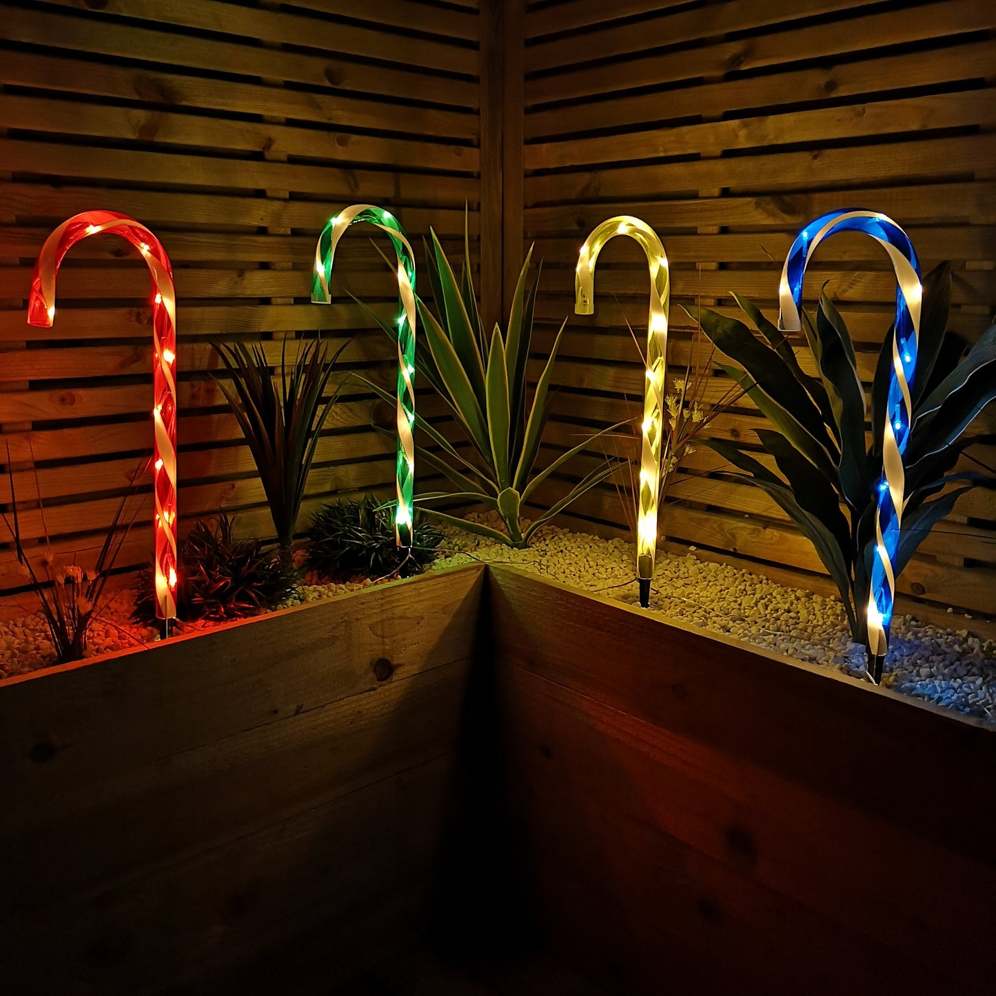 Set of 4 Battery Operated LED Multi Coloured Candy Cane Stripe Path Lights Christmas Decoration with Timer