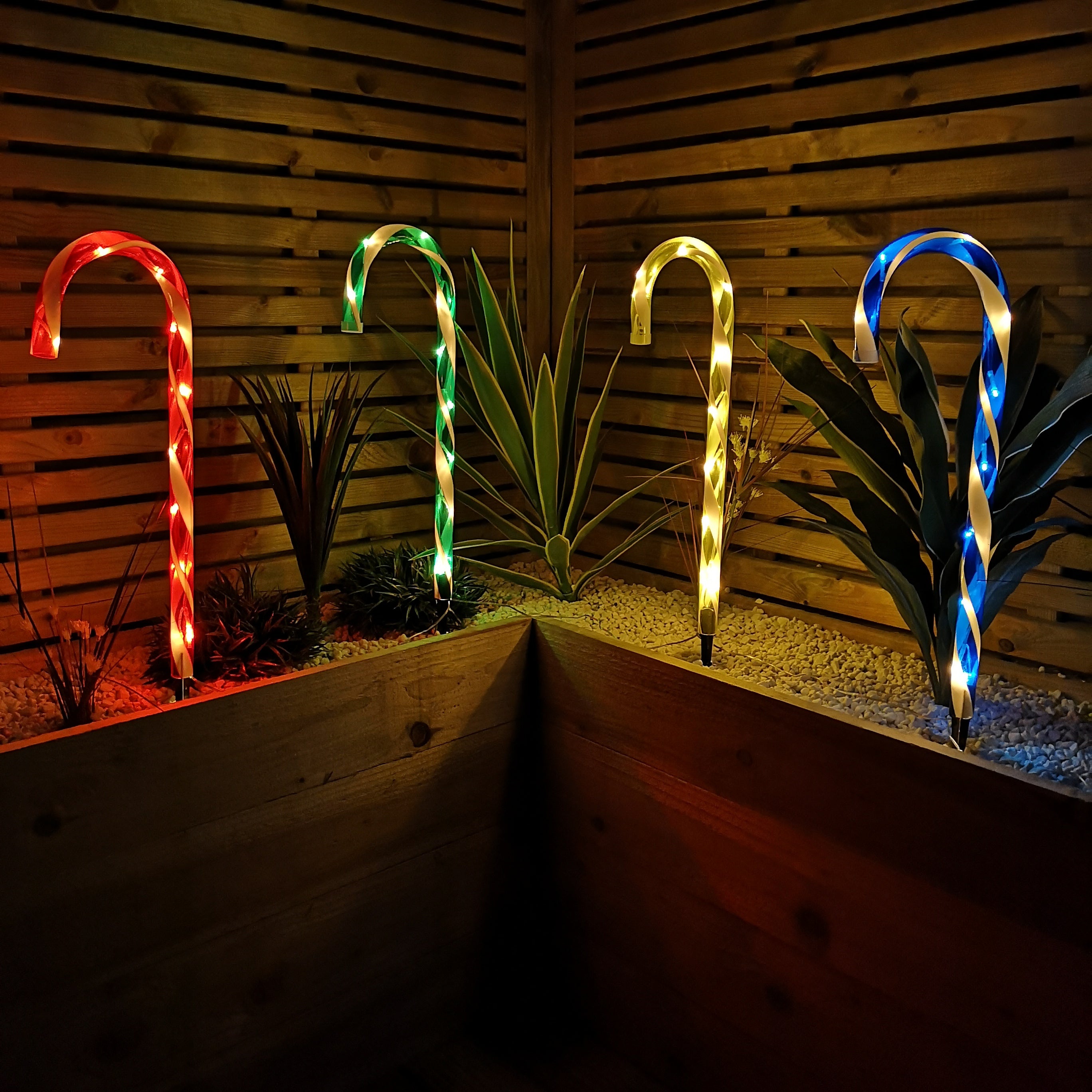 Set of 4 Battery Operated LED Multi Coloured Candy Cane Stripe Path Lights Christmas Decoration with Timer