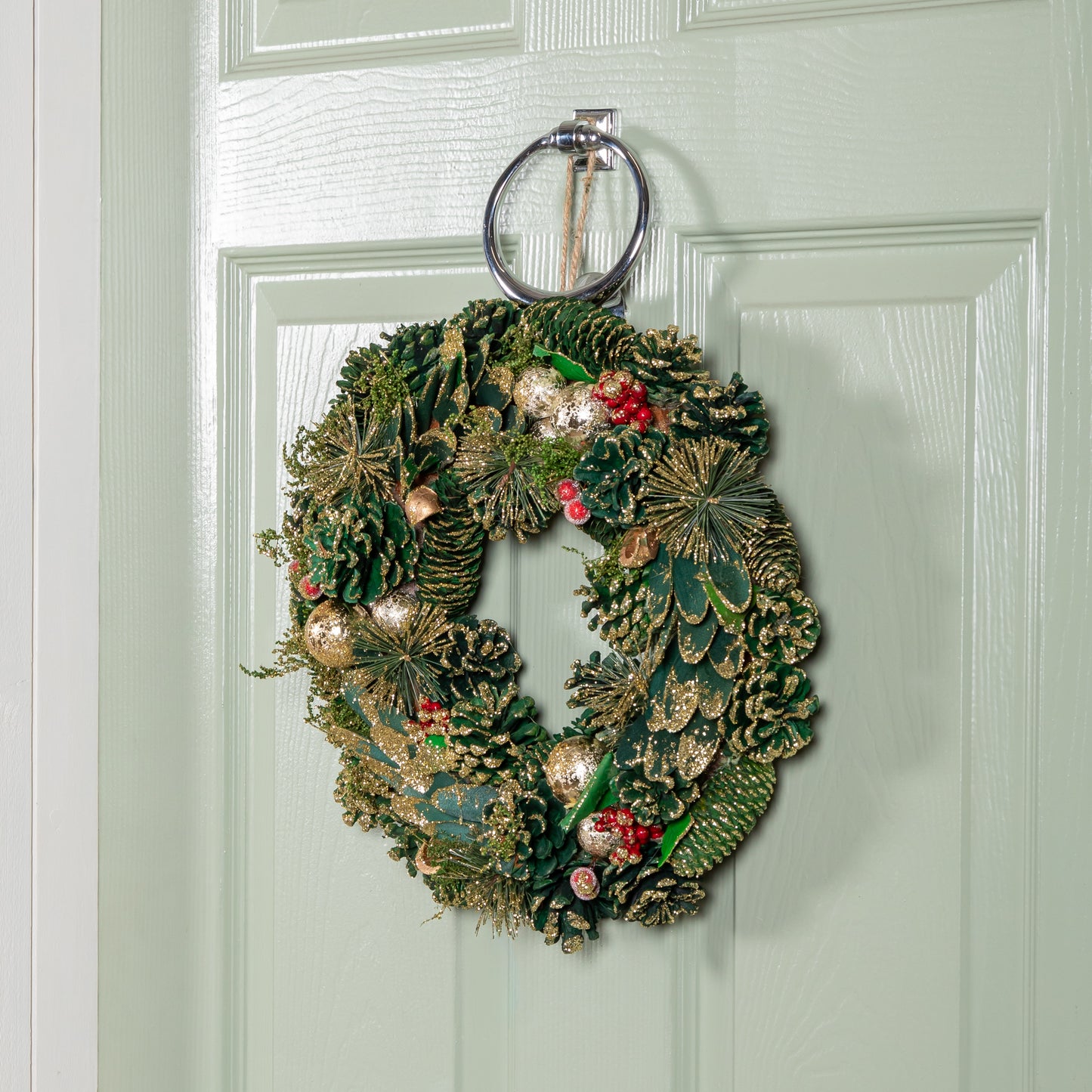 36cm Bauble and Pinecone Hanging Christmas Wreath with Red Berries