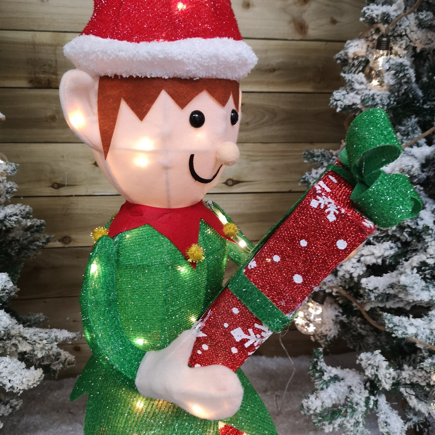 107cm Warm White LED Lit Elf Character with Present Christmas Decoration in Green and Red
