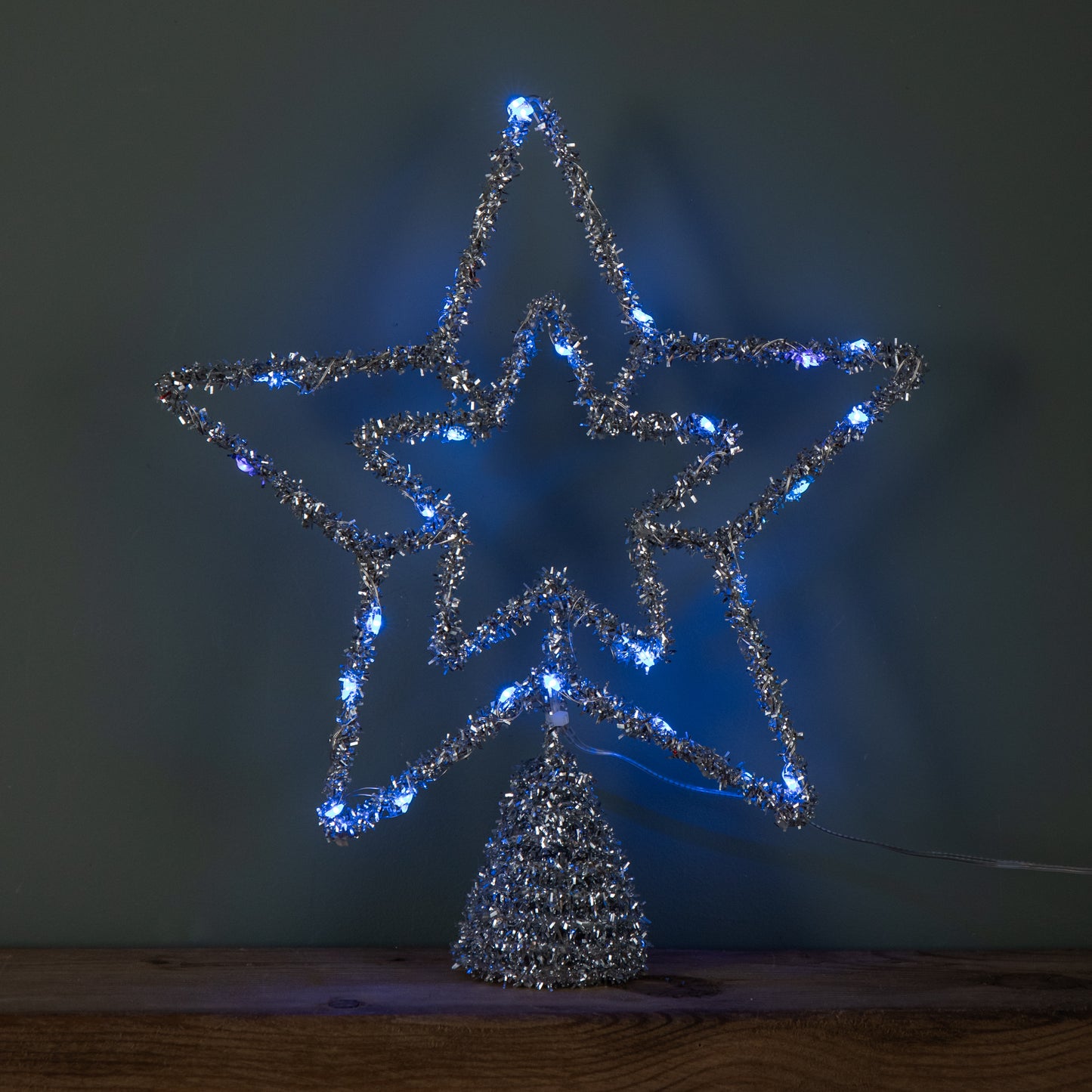28cm Battery Powered Silver Christmas Star Tree Topper with Blue Multi-Action LEDs