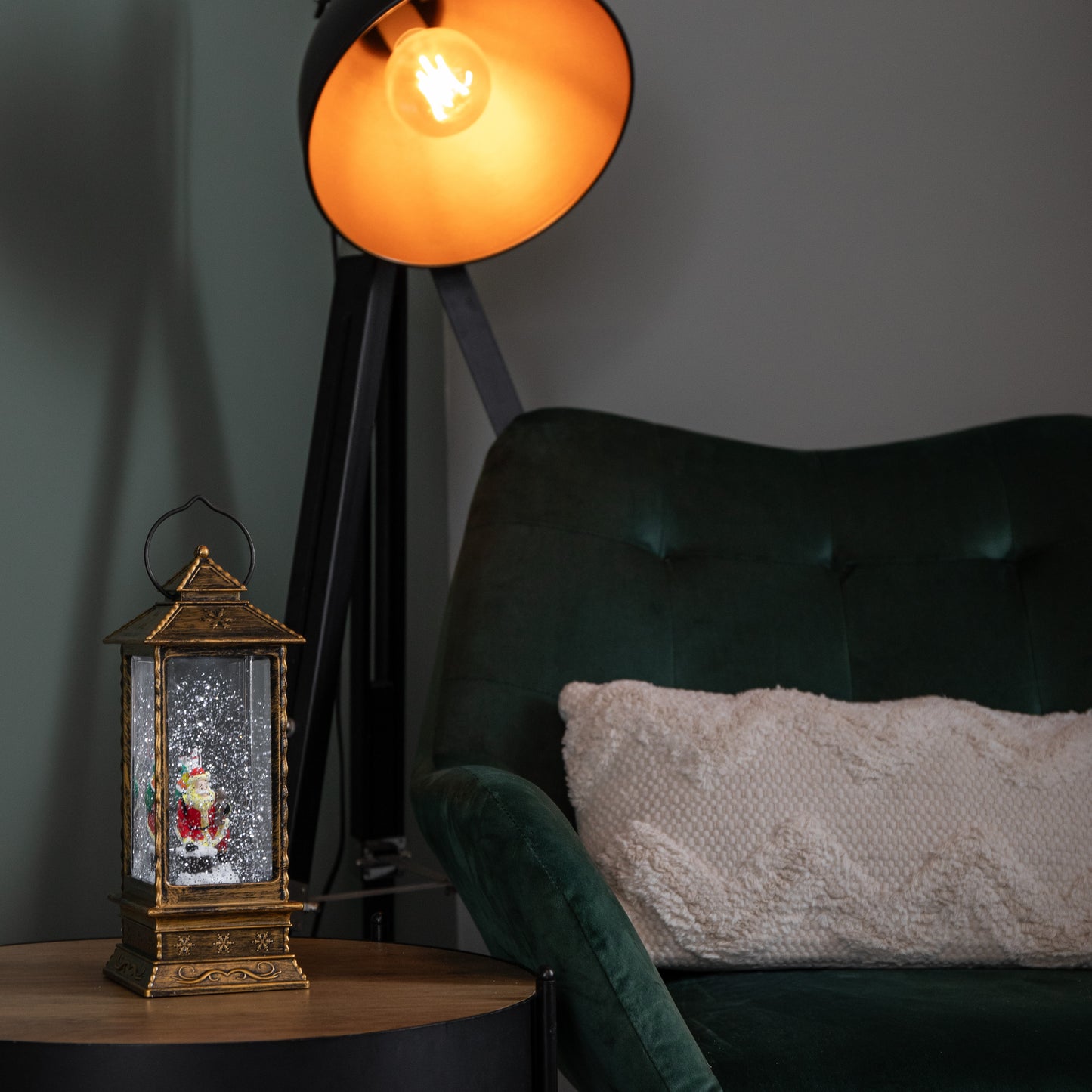 27cm Dual Powered Light up Antique Lantern Christmas Water Spinner with Santa Scene