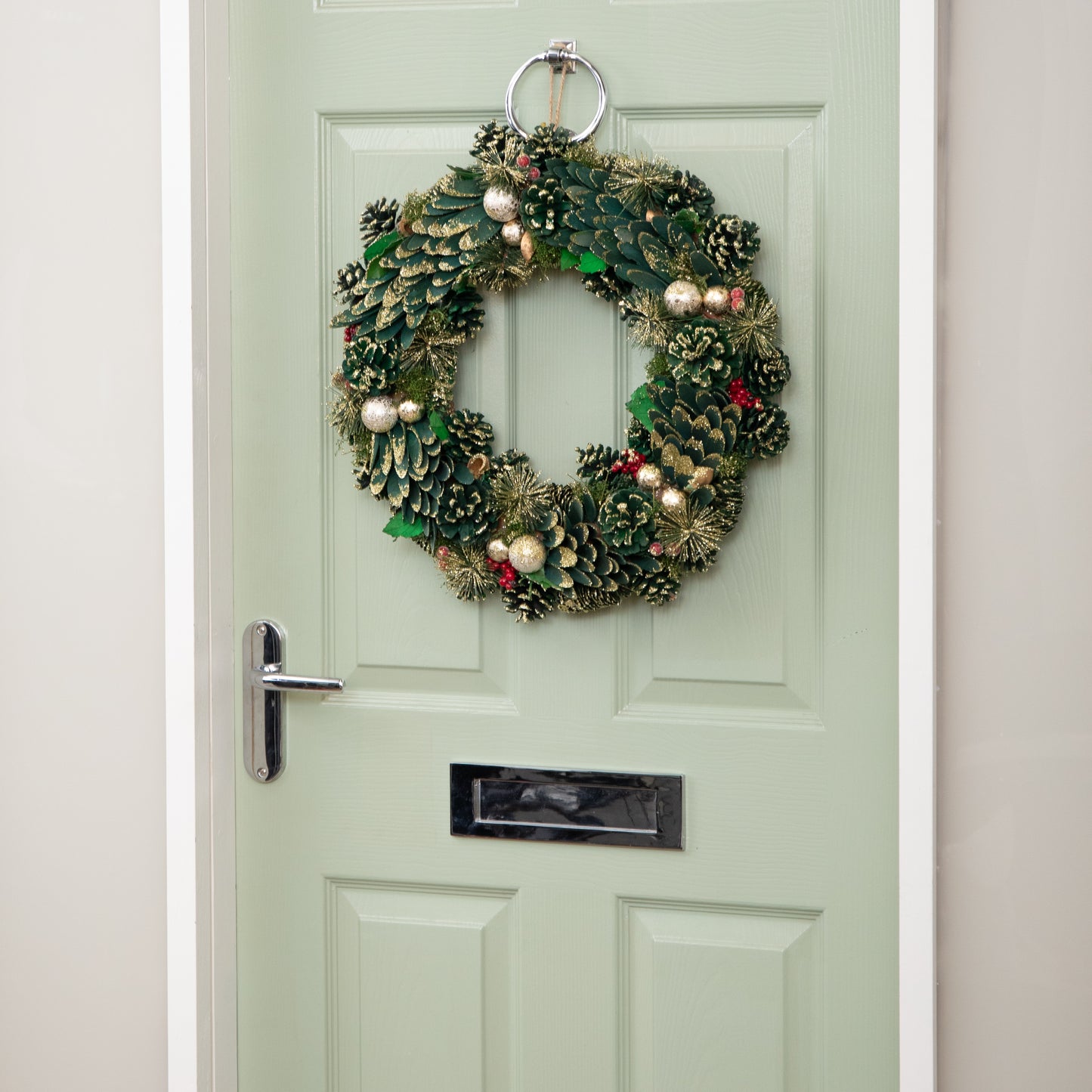 50cm Bauble and Pinecone Hanging Christmas Wreath with Red Berries