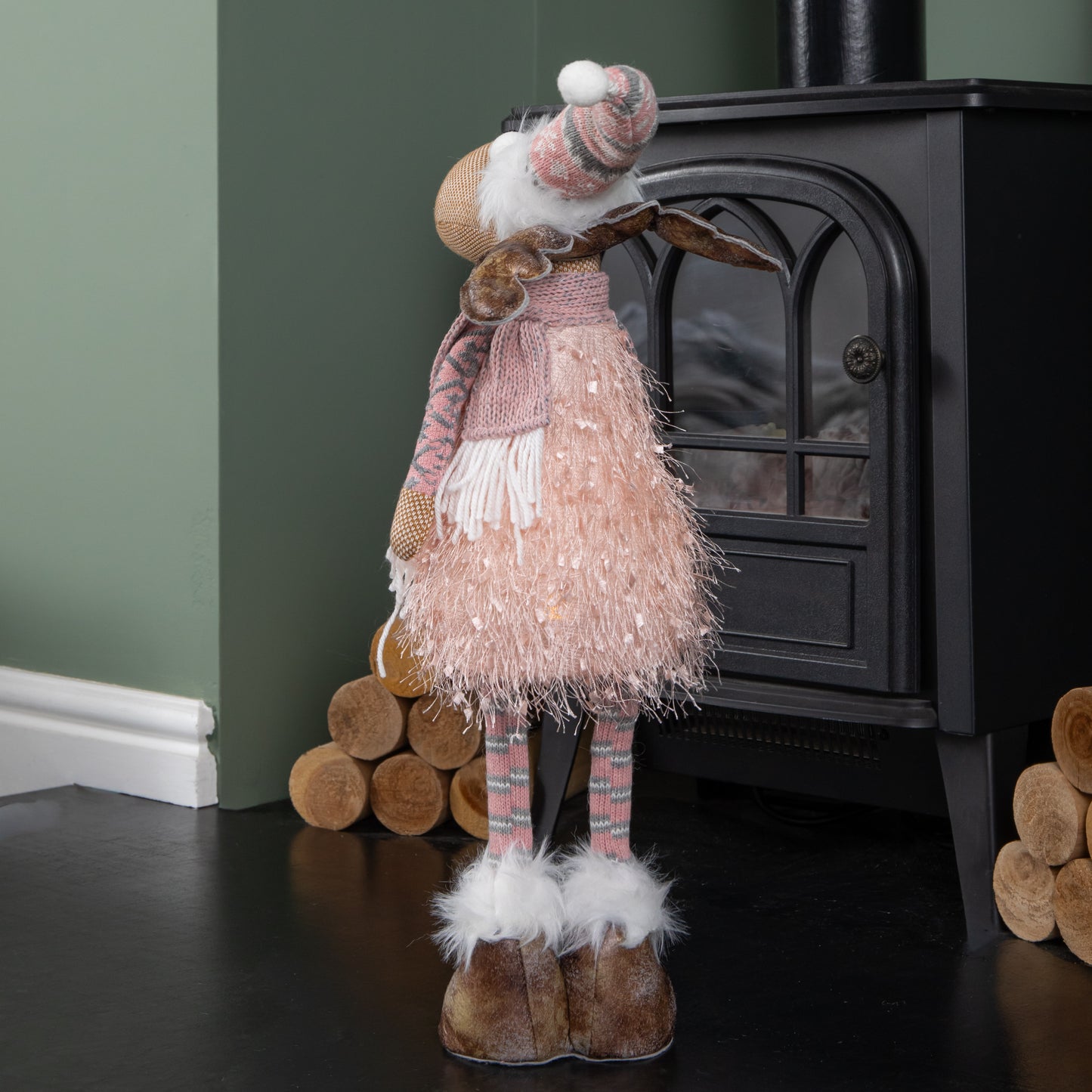 50cm Battery Operated Light up Standing Christmas Reindeer in Pink and Grey Hat with LEDs