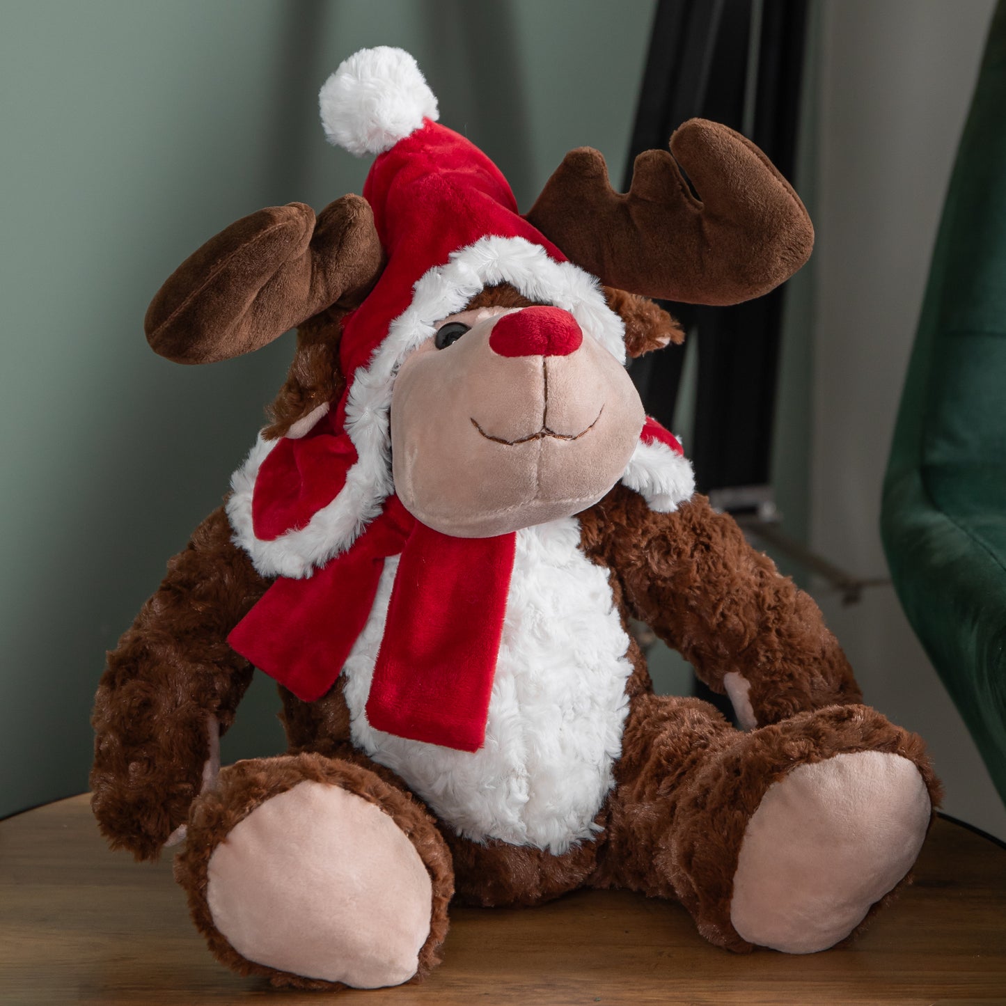 30cm Sitting Plush Christmas Reindeer with Red Hat & Scarf