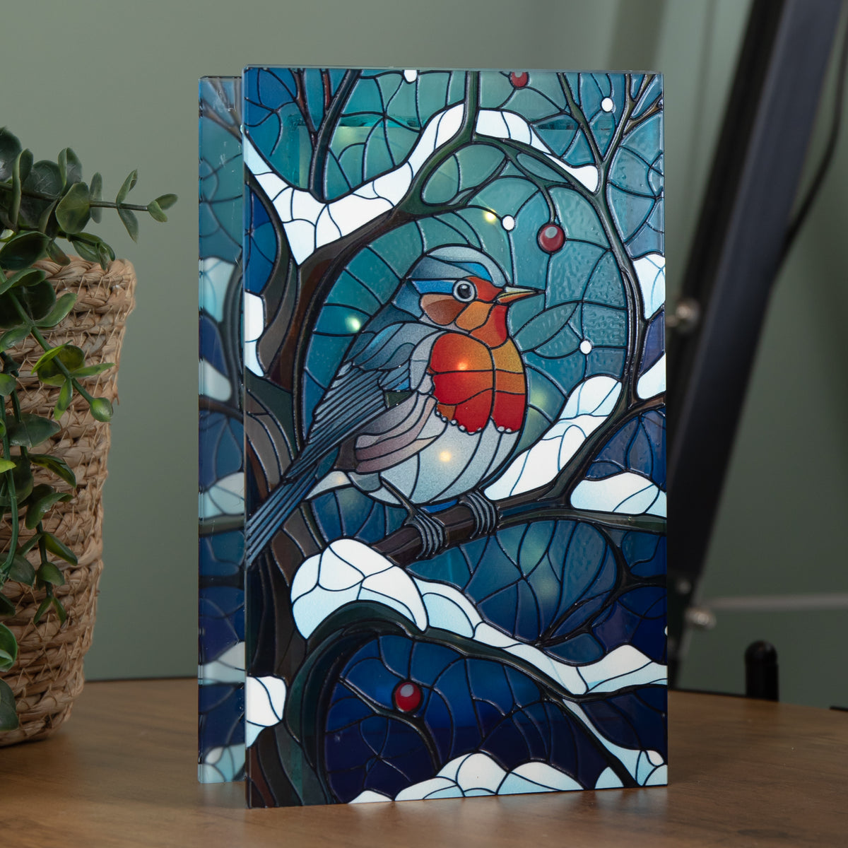 21cm Battery Operated Light up Stained Glass Christmas Decoration with Robin Scene & Warm White LEDs