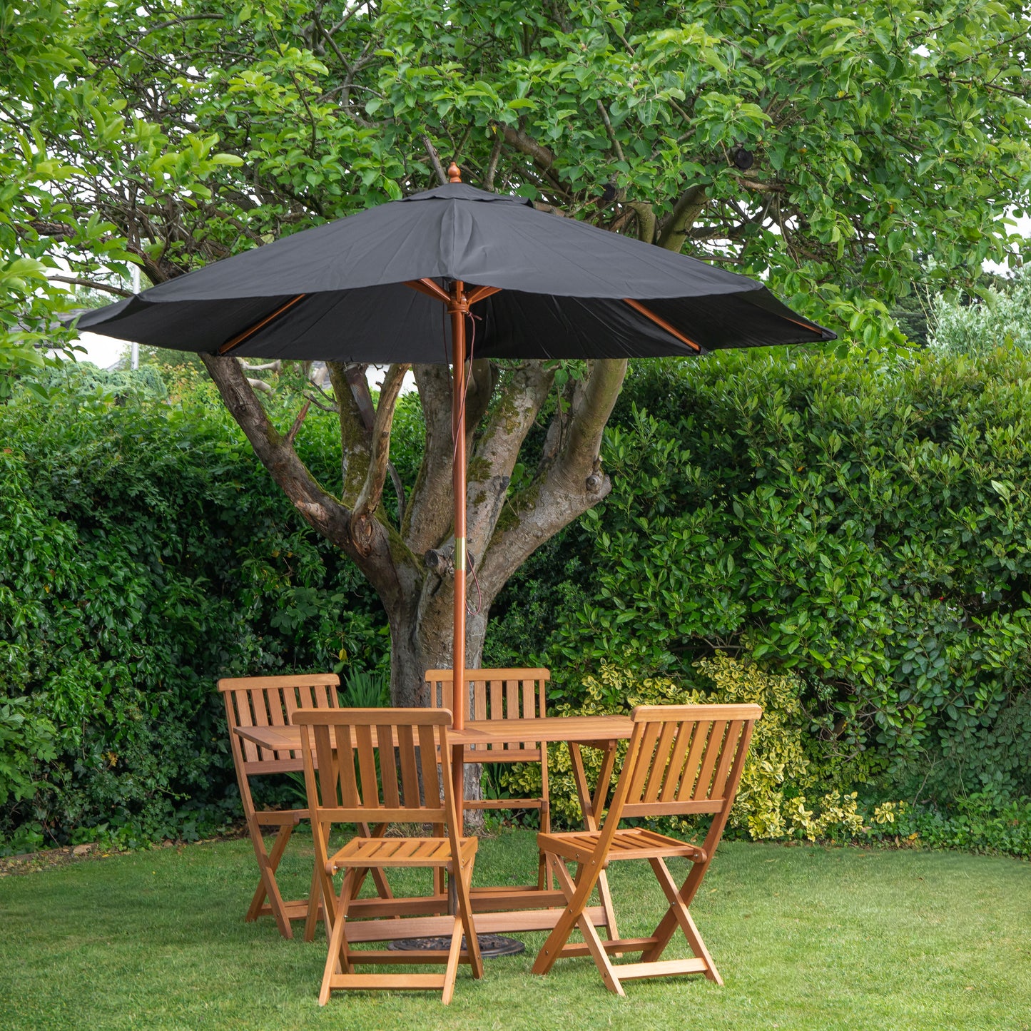 Outdoor 4 Person Folding Rectangular Wooden Garden Dining Table Chairs Black Parasol and Base Set