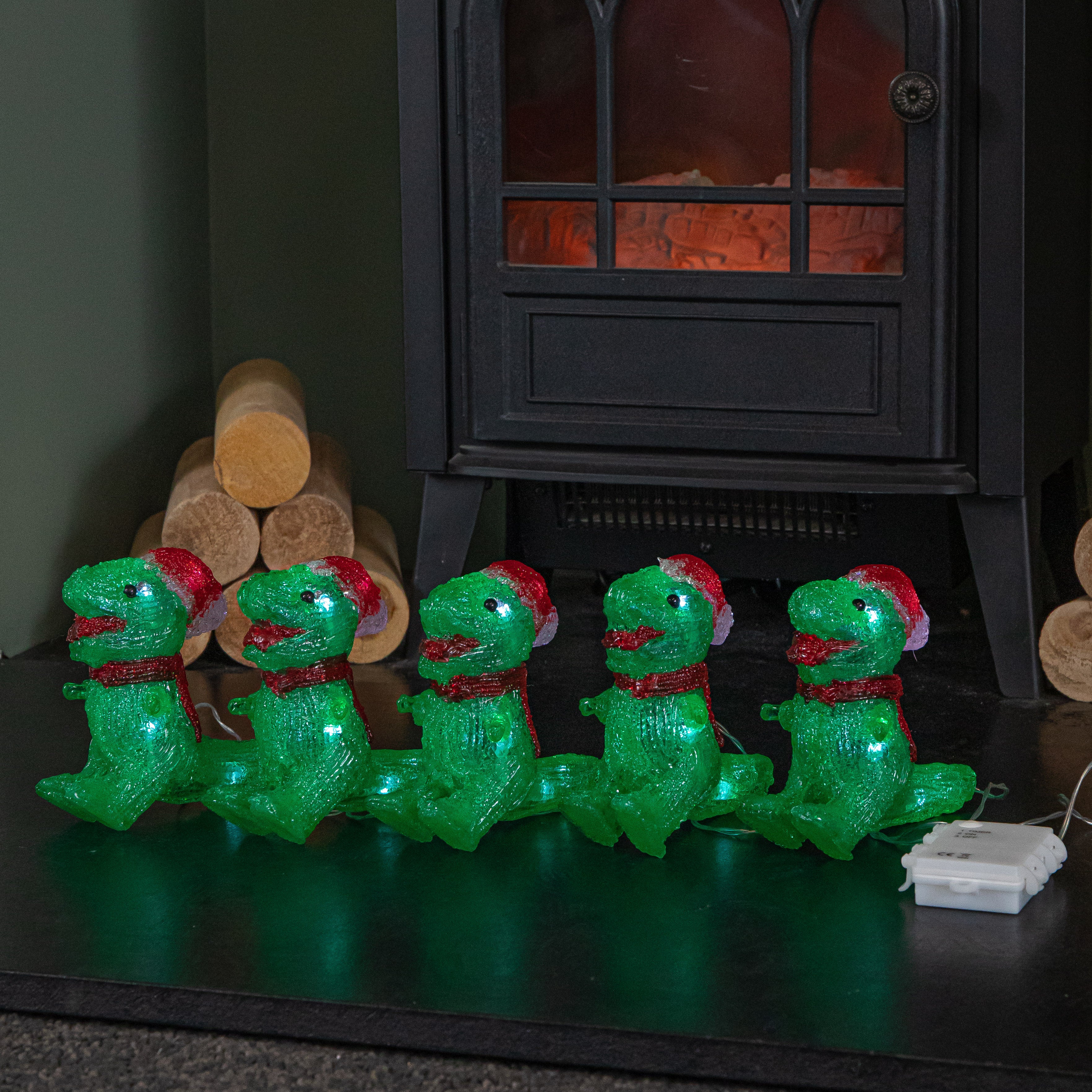 15cm Set of 5 Battery Operated Light up Christmas Dinosaur Ornaments with 40 Cool White LEDs