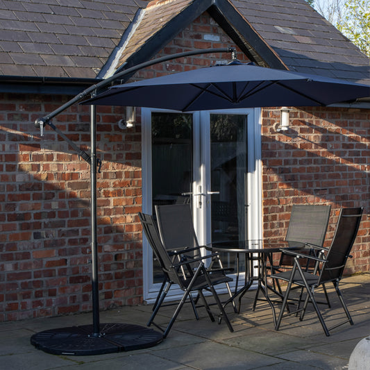 Outdoor 4 Person Round Glass Top Garden Dining Table Chairs With Blue Banana Parasol and Base Set