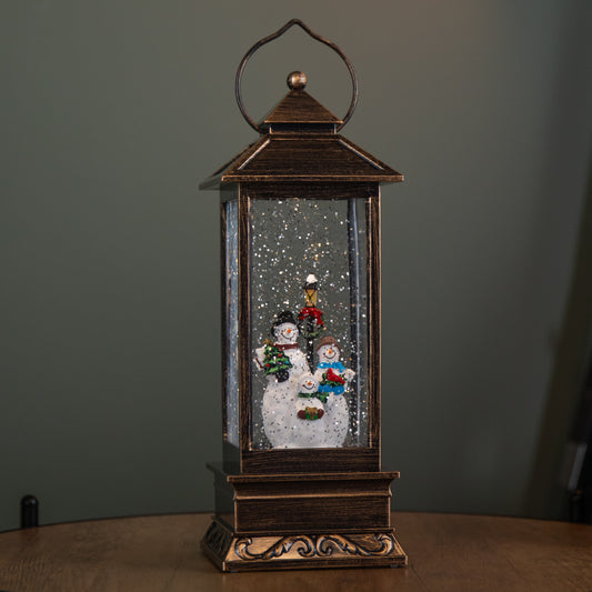 27cm Battery Operated Light up Bronze Christmas Water Spinner with Snowman Scene & LEDs