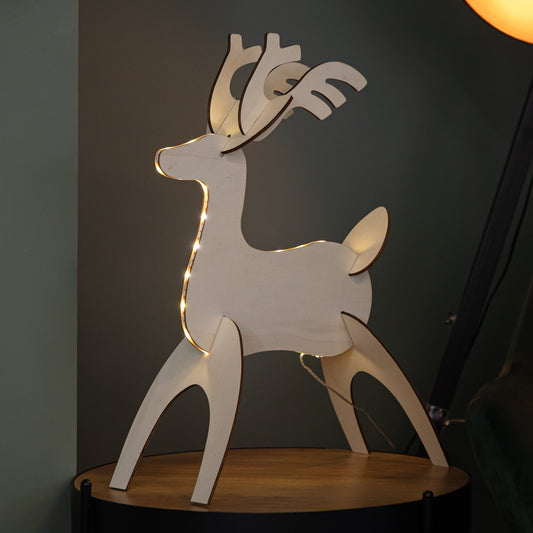 50cm Battery Operated Light up 3D Wooden Christmas Reindeer with 31 Warm White LEDs