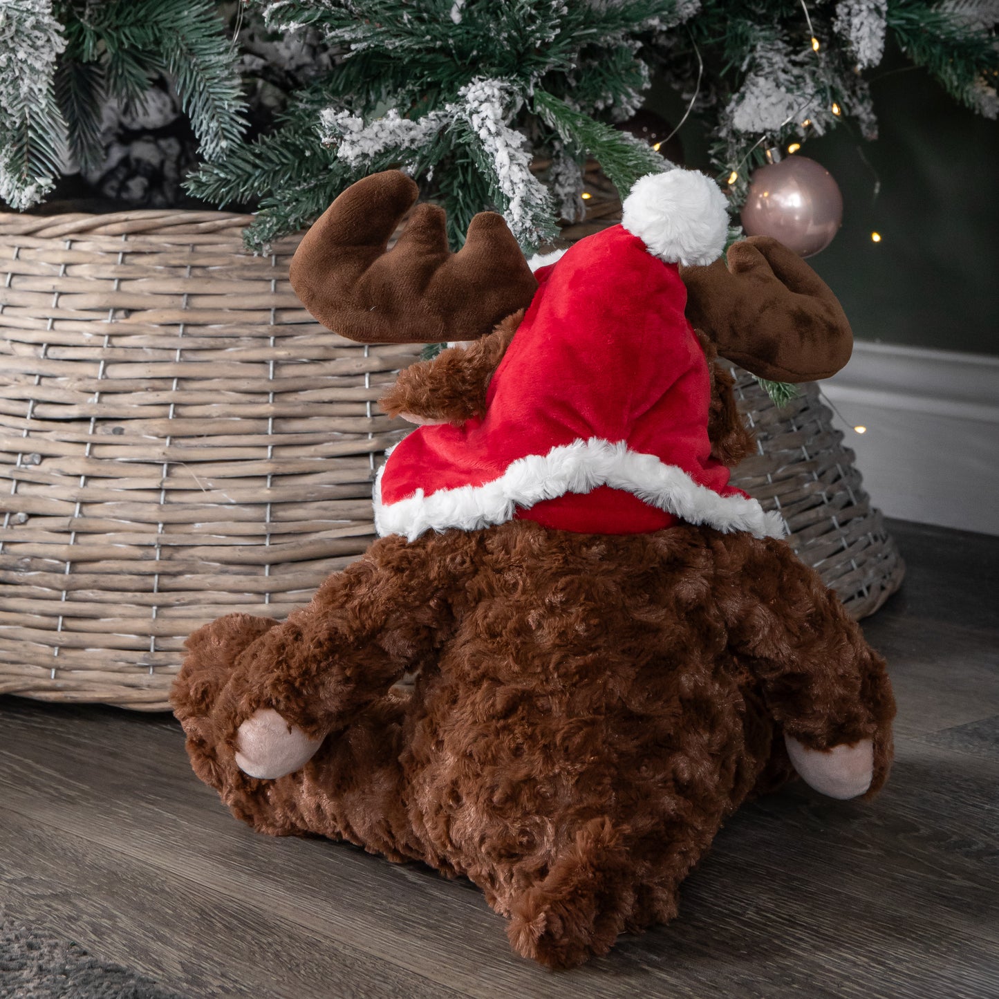 30cm Sitting Plush Christmas Reindeer with Red Hat & Scarf