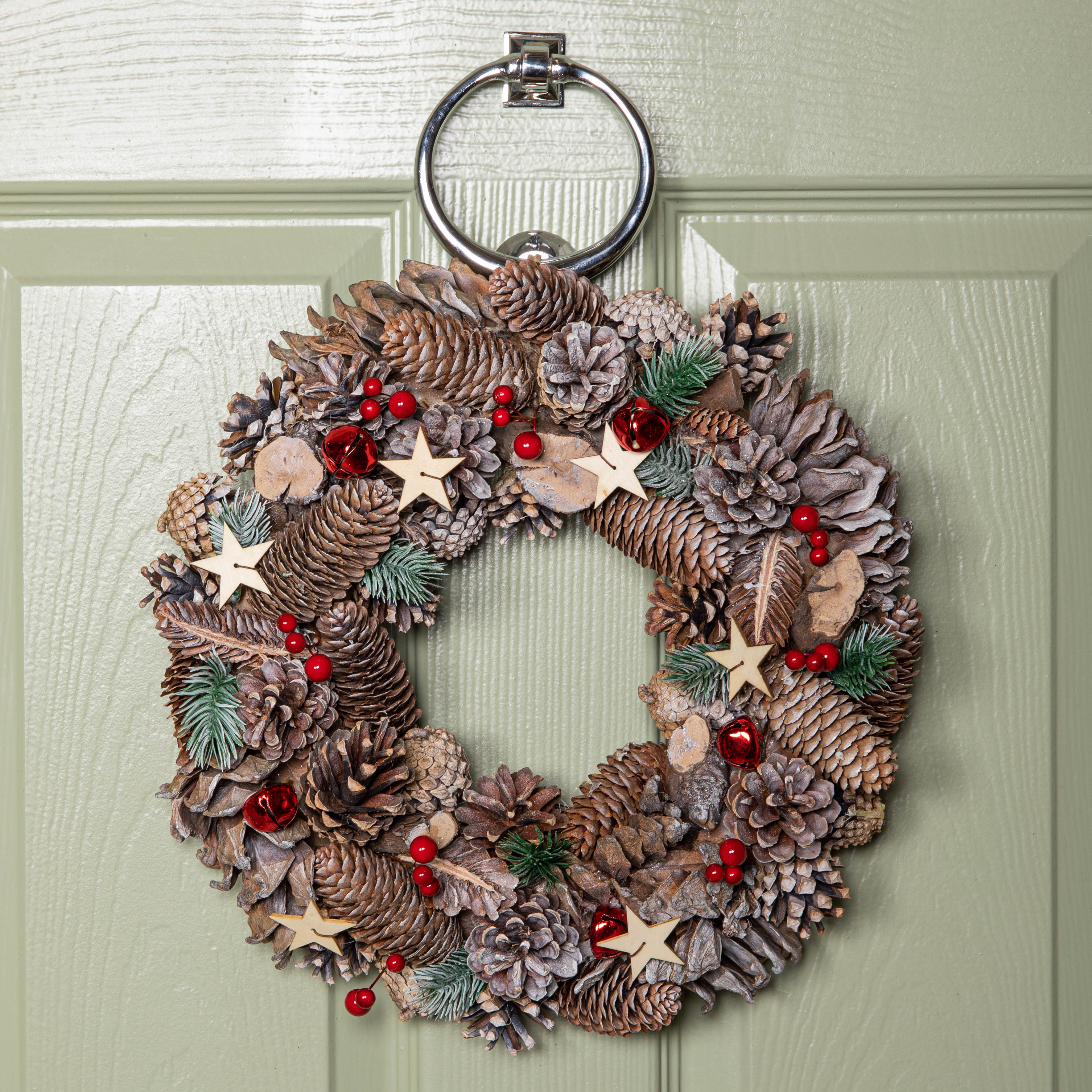 36cm Frosted Hanging Christmas Wreath with Red Jingle Bells & Wooden Stars