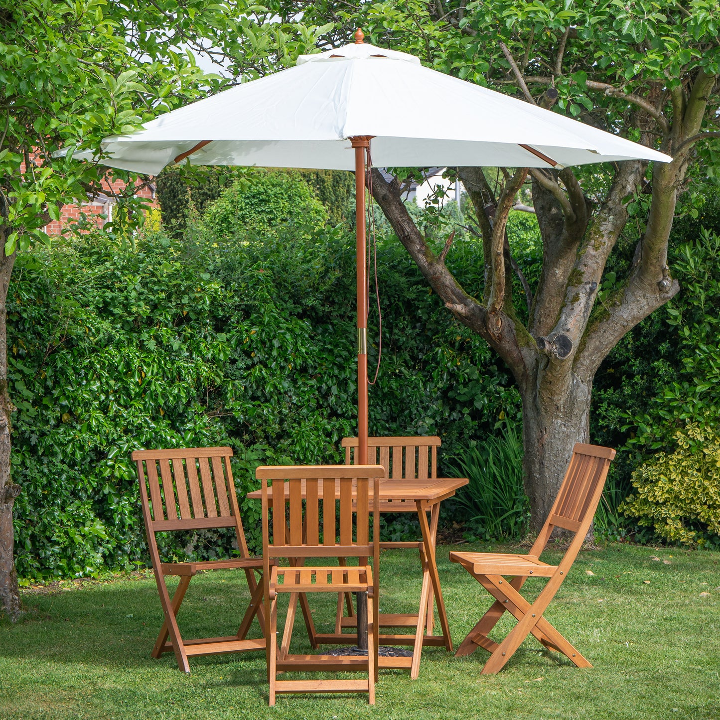 Outdoor 4 Person Folding Square Wooden Garden Dining Table Chairs Cream Parasol and Base Set
