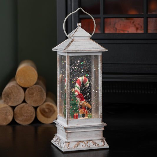29cm Battery Powered Light up Antique Lantern Christmas Water Spinner with Snowy Mouse Scene
