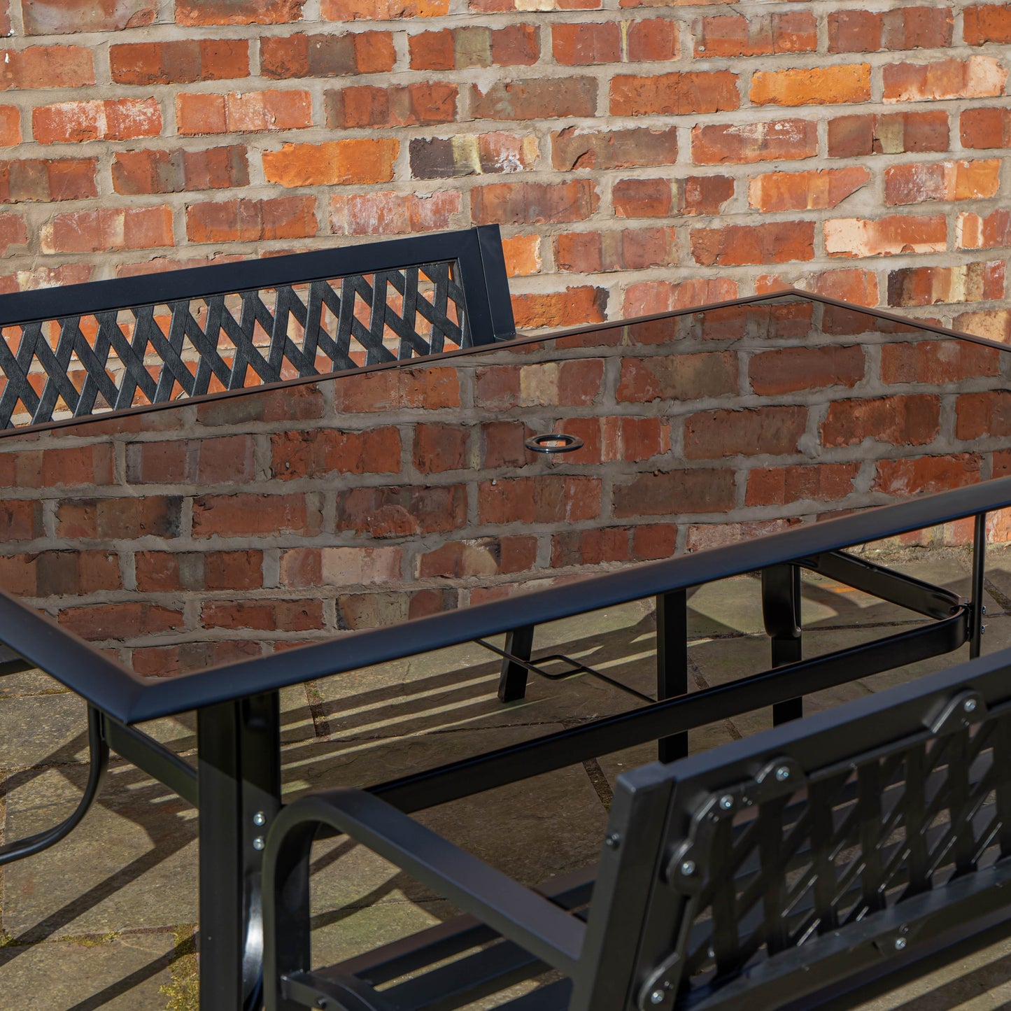 Outdoor 4 Person Rectangular Glass Top Garden Dining Table Benches With Grey Havana Parasol and Base Set