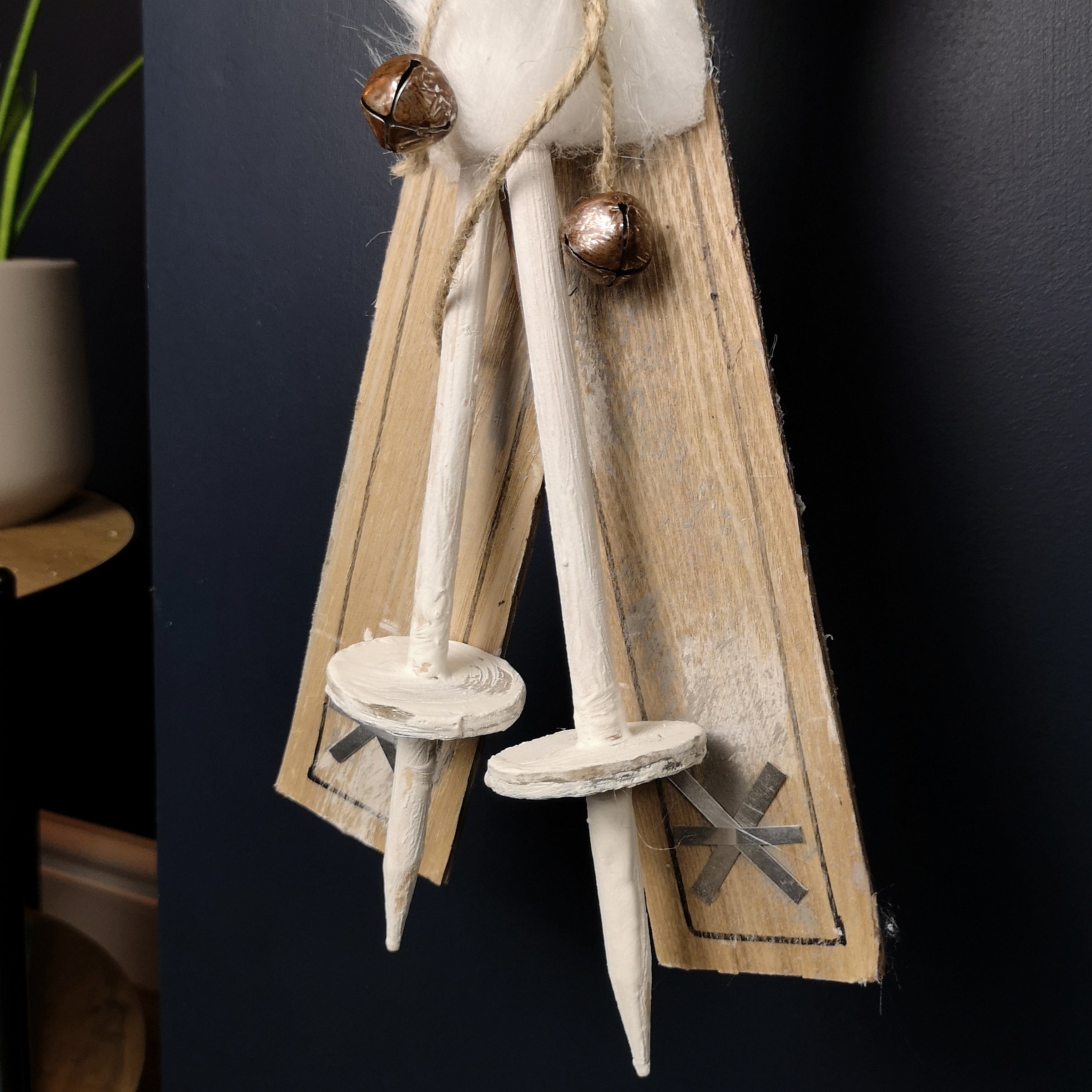 55cm Wooden Skis with Decorative White Fur and Silver Bells Christmas Decoration
