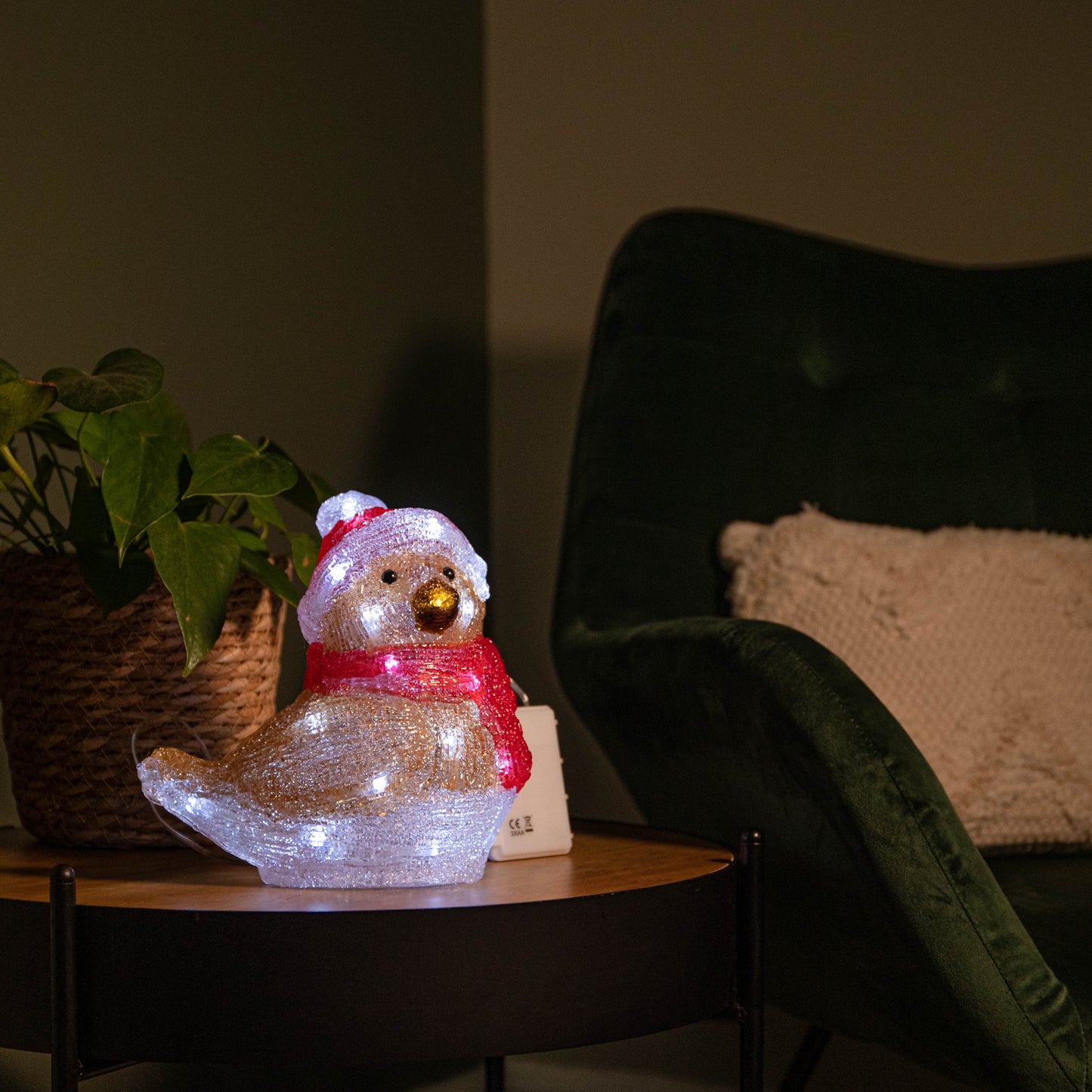 19cm Battery Operated Light up Acrylic Christmas Robin Decoration with 24 White LEDs