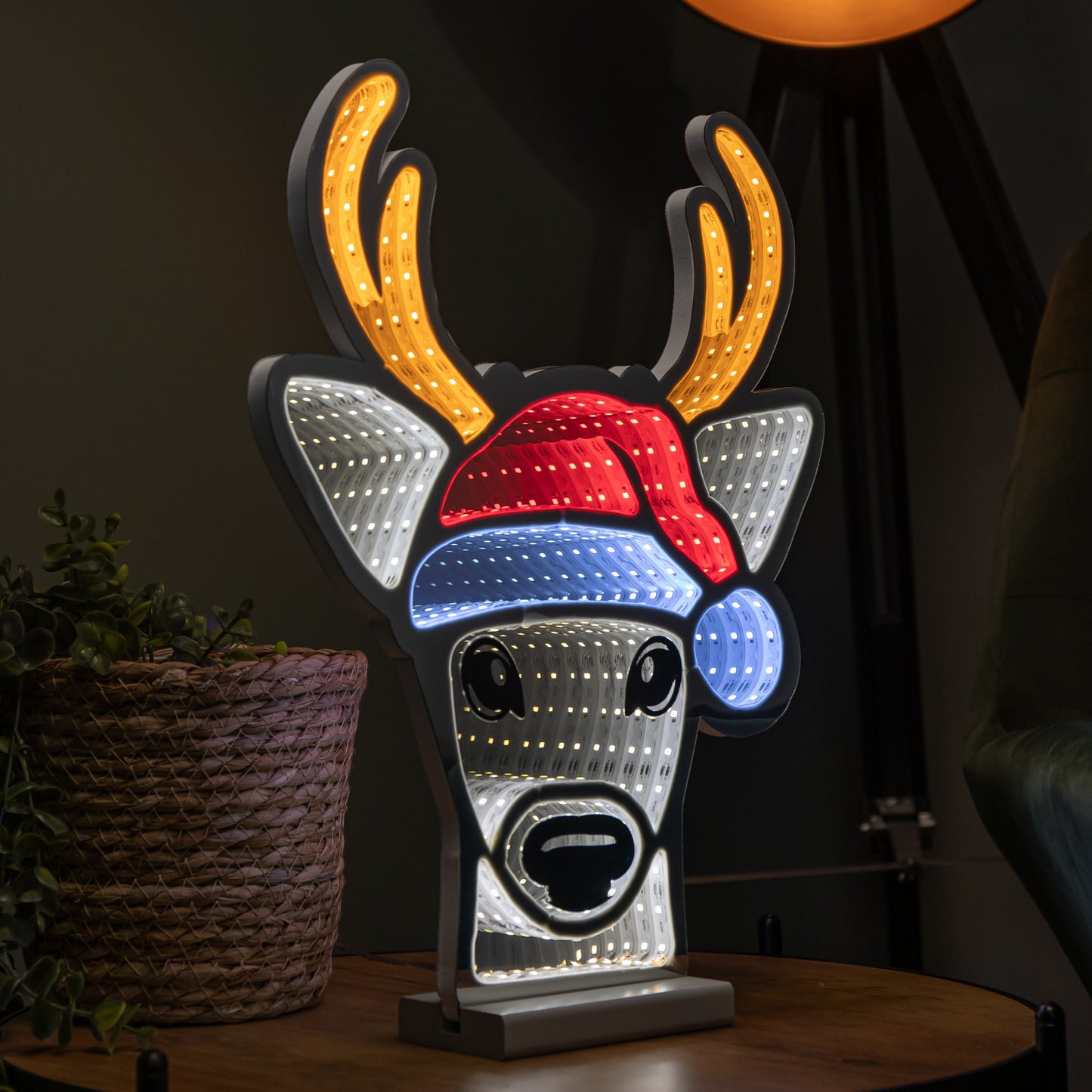 40cm Light up Christmas Deer Head in Santa Hat Infinity Decoration with LEDs