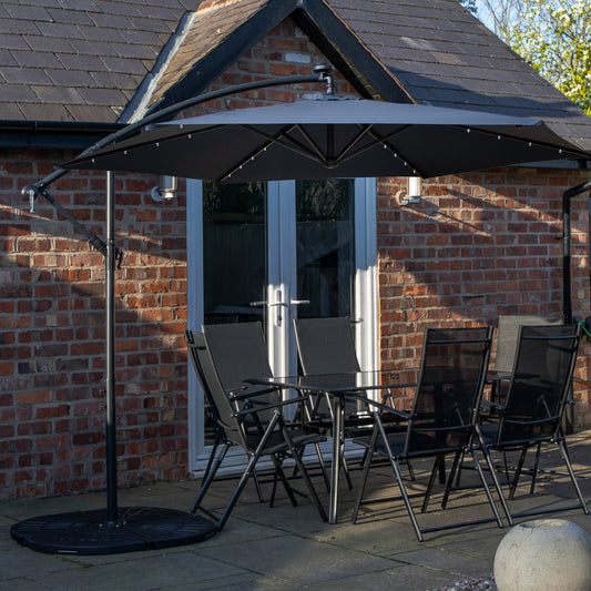 Outdoor 6 Person Rectangular Glass Top Garden Dining Table Chairs With Blue Banana Lit Parasol and Base Set