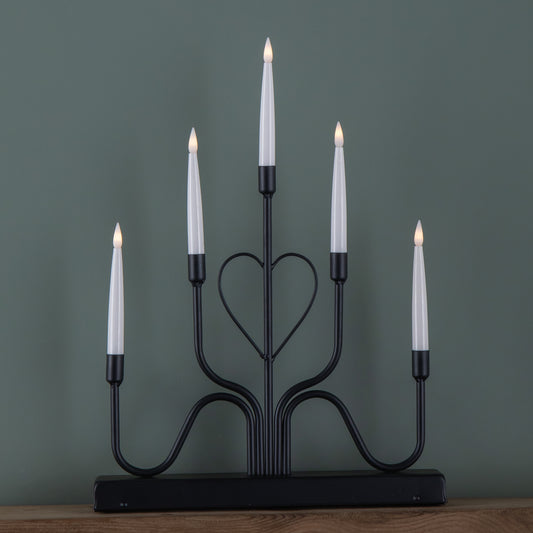 32cm Battery Operated Light up Black Metal Heart Christmas Candlebridge with 5 Warm White LEDs