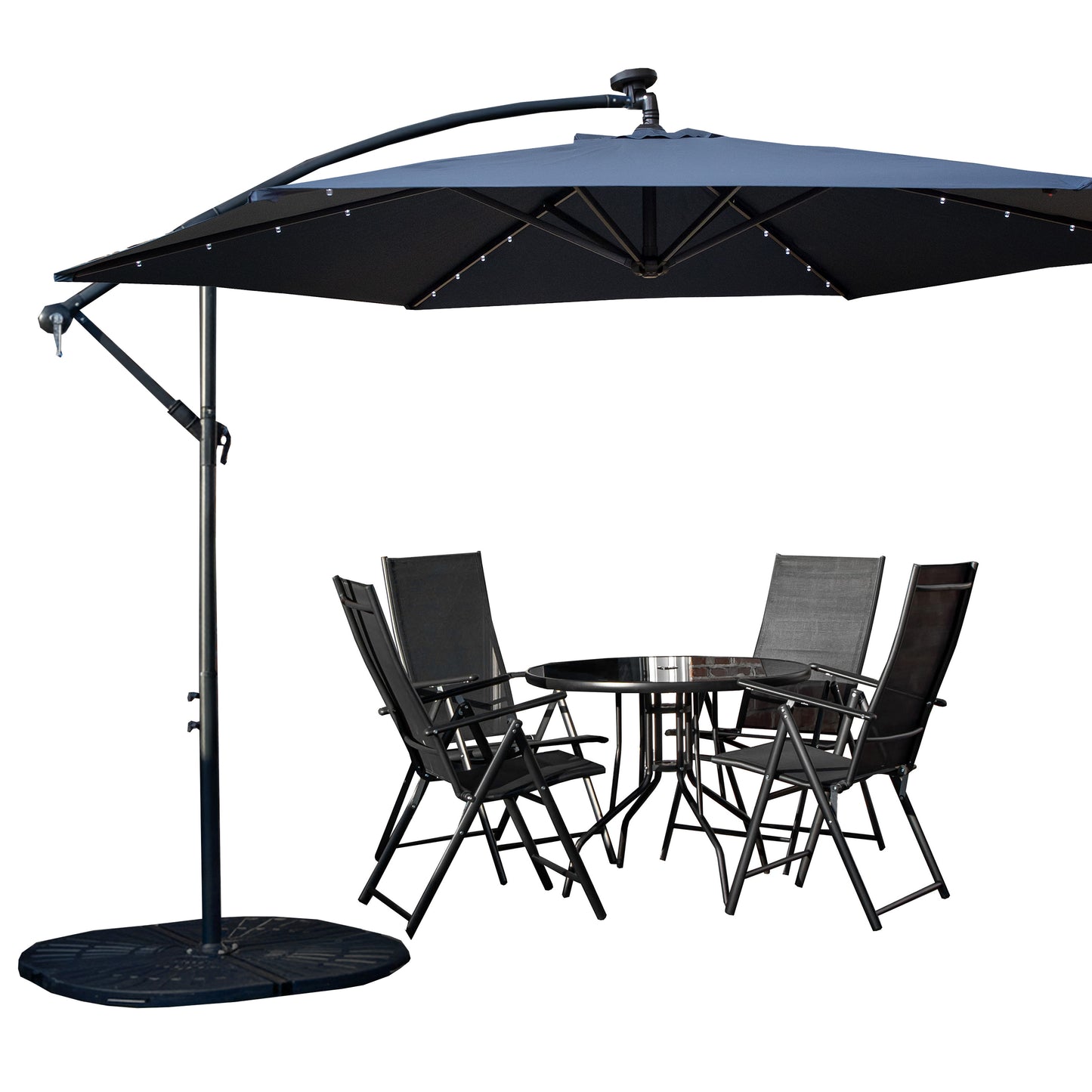 Outdoor 4 Person Round Glass Top Garden Dining Table Chairs With Blue Banana Lit Parasol and Base Set